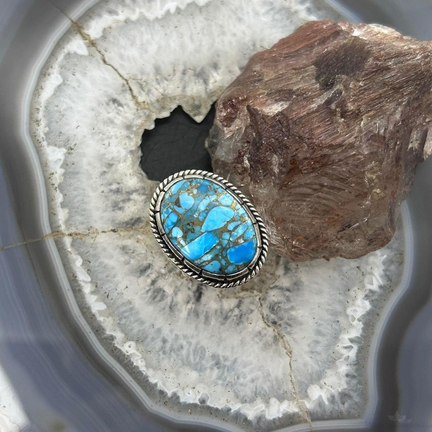 Sterling Silver Southwestern Style Oval Blue Copper Turquoise Ring Size 8.5 For Women
