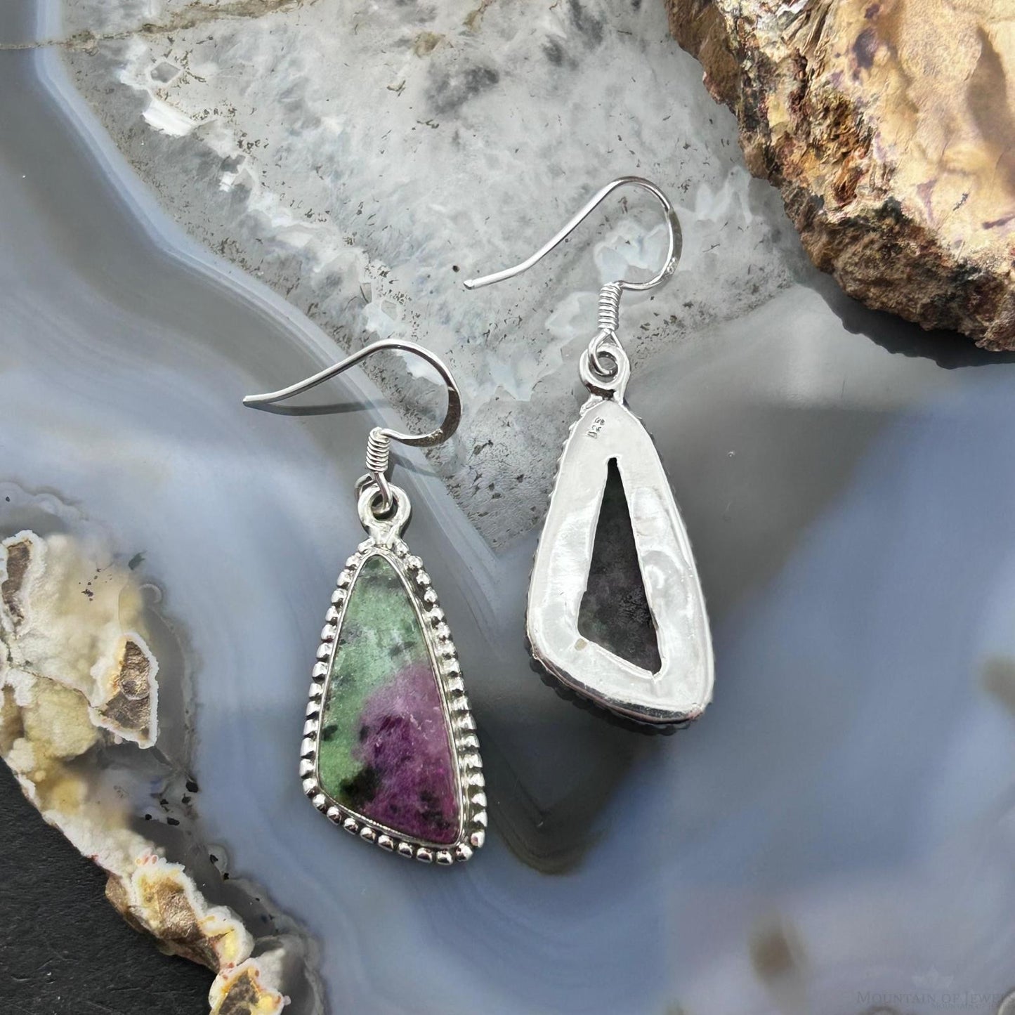 Sterling Silver Southwestern Style Triangular Ruby Zoisite Dangle Earrings For Women