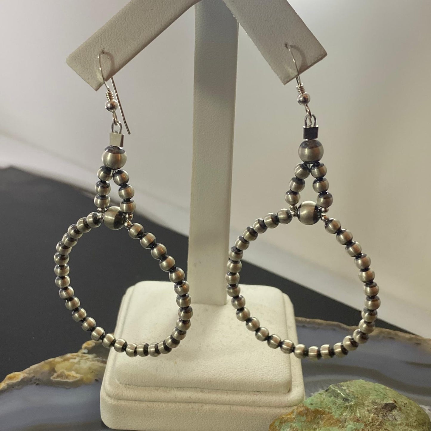 Navajo Pearl Bead 4 mm Sterling Silver Hoop Dangle Earrings For Women
