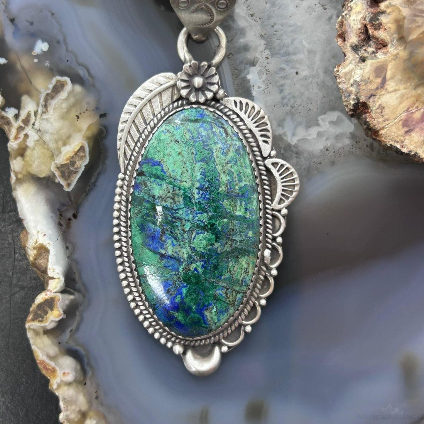 Sterling Silver Southwestern Style Elongated Chrysocolla Decorated Pendant For Women