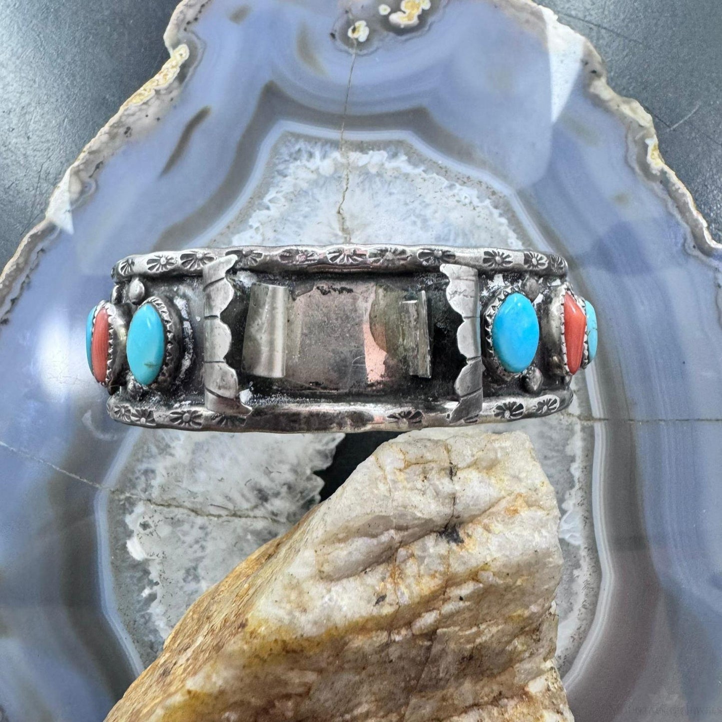 Vintage Signed Sterling Kingman Turquoise & Coral Decorated Watch Cuff For Women