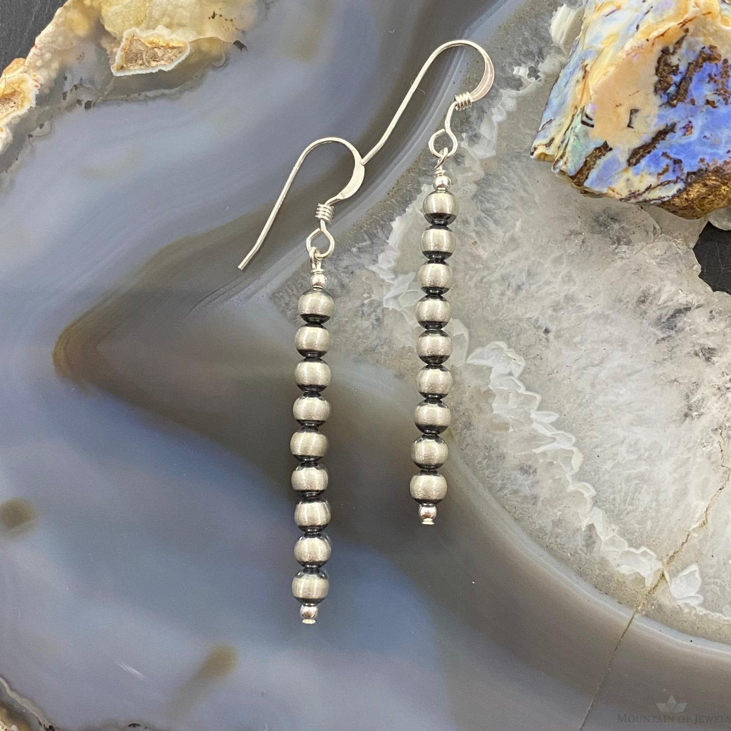 Navajo Pearl Beads Sterling Silver Row Dangle Earrings For Women