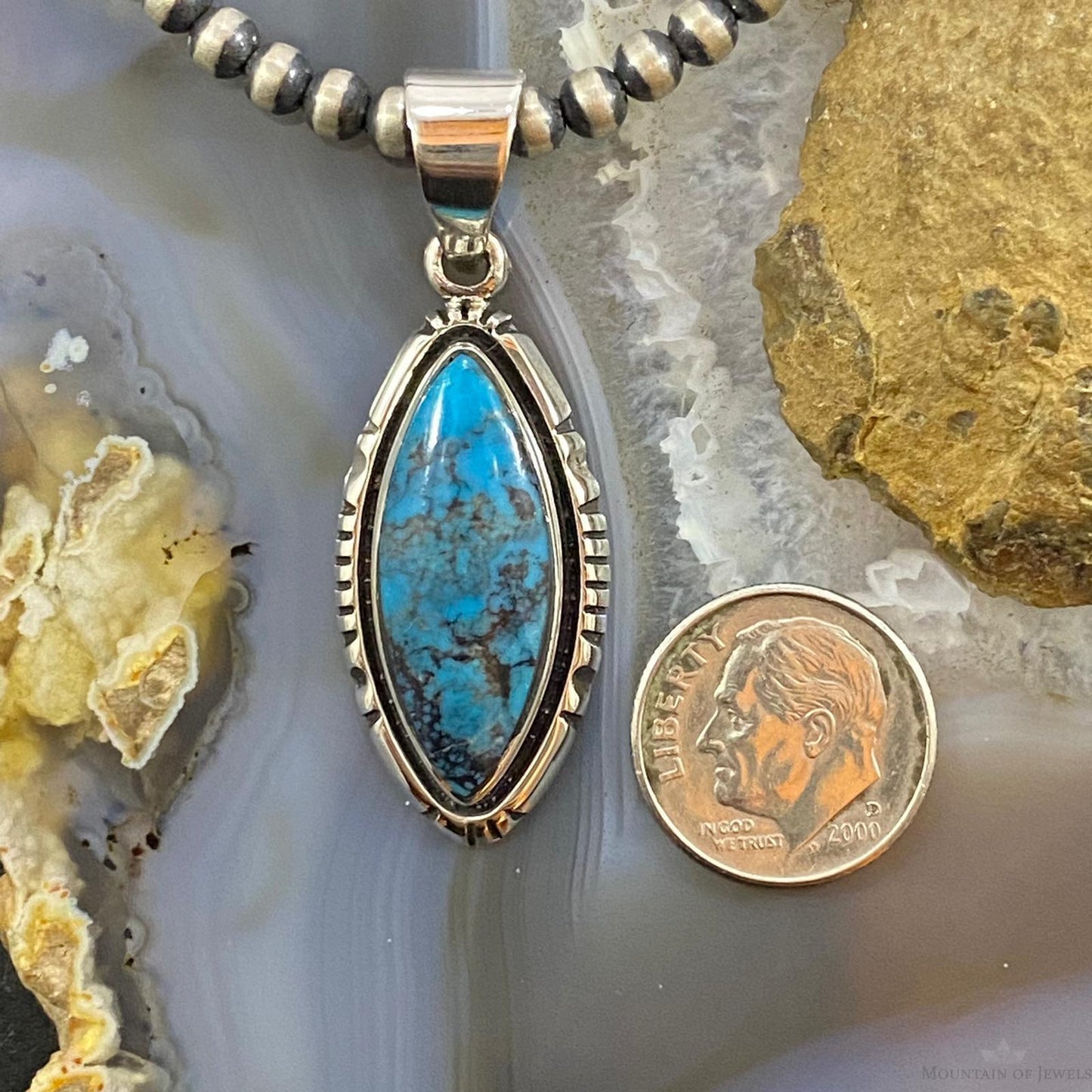 Native American Sterling Silver Turquoise With Matrix Marquise Pendant For Women