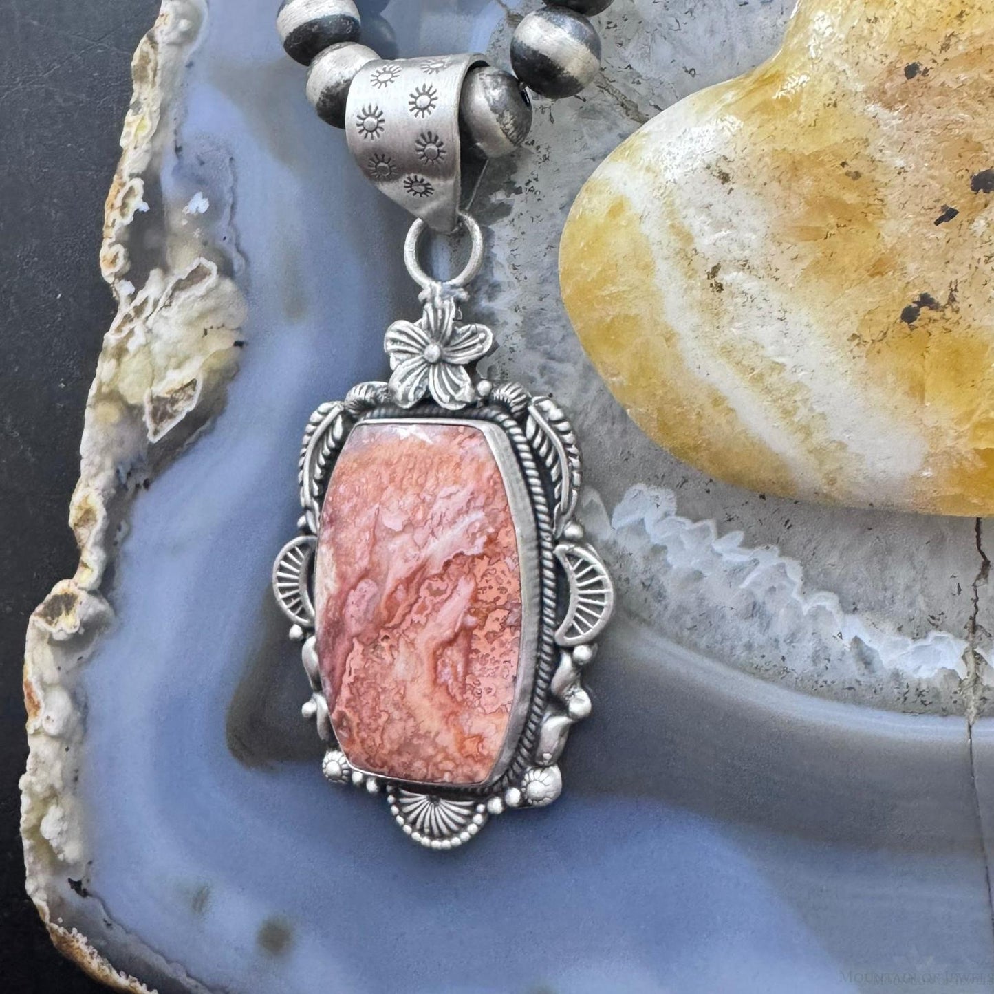 Sterling Silver Southwestern Style Rectangular Red Plum Decorated Pendant For Women