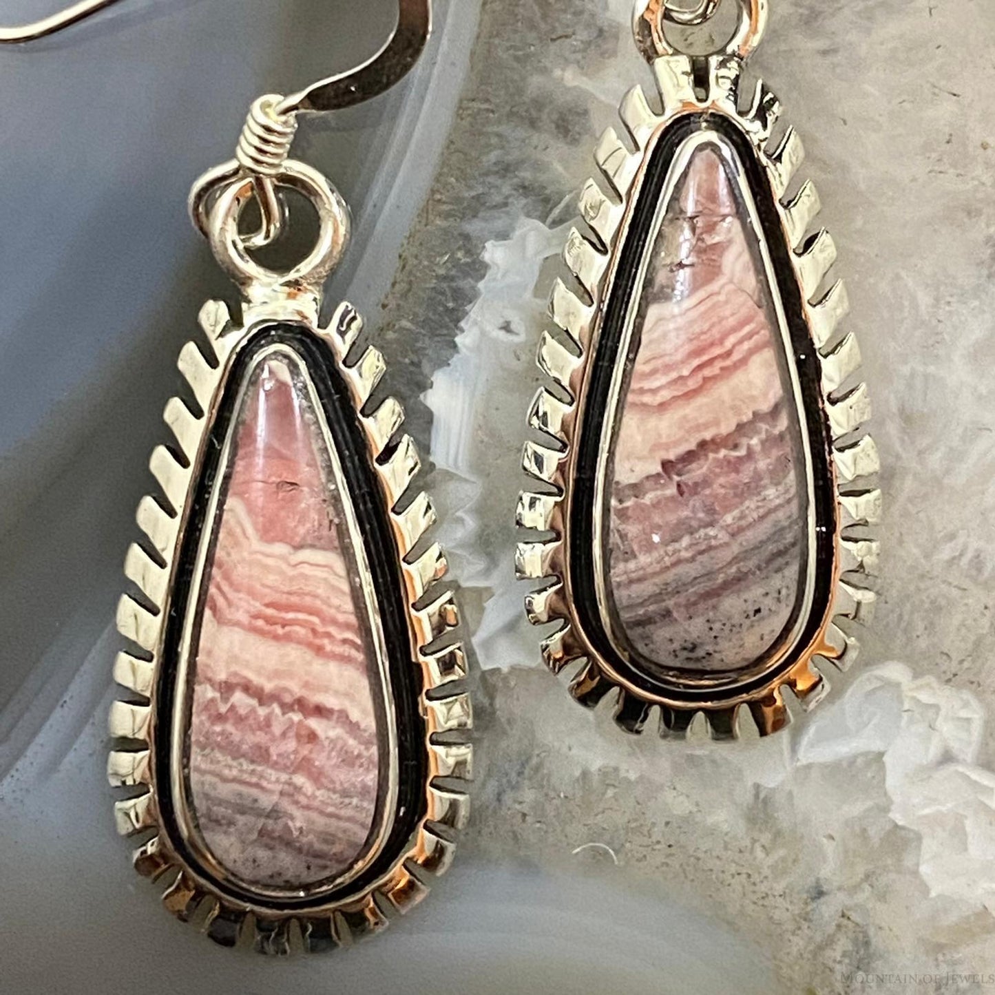Native American Sterling Silver Teardrop Rhodochrosite Dangle Earrings For Women