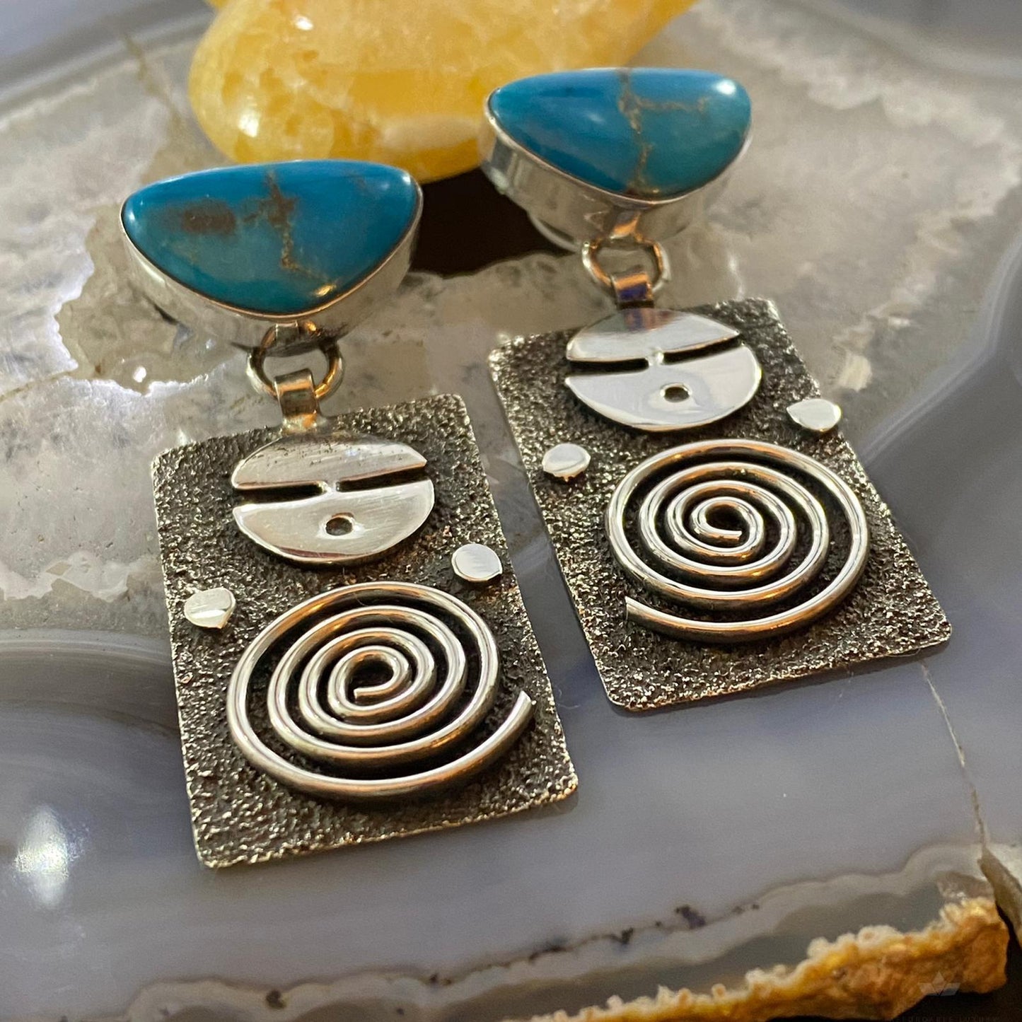 Alex Sanchez Native American Sterling Turquoise Petroglyph Dangle Earrings #2