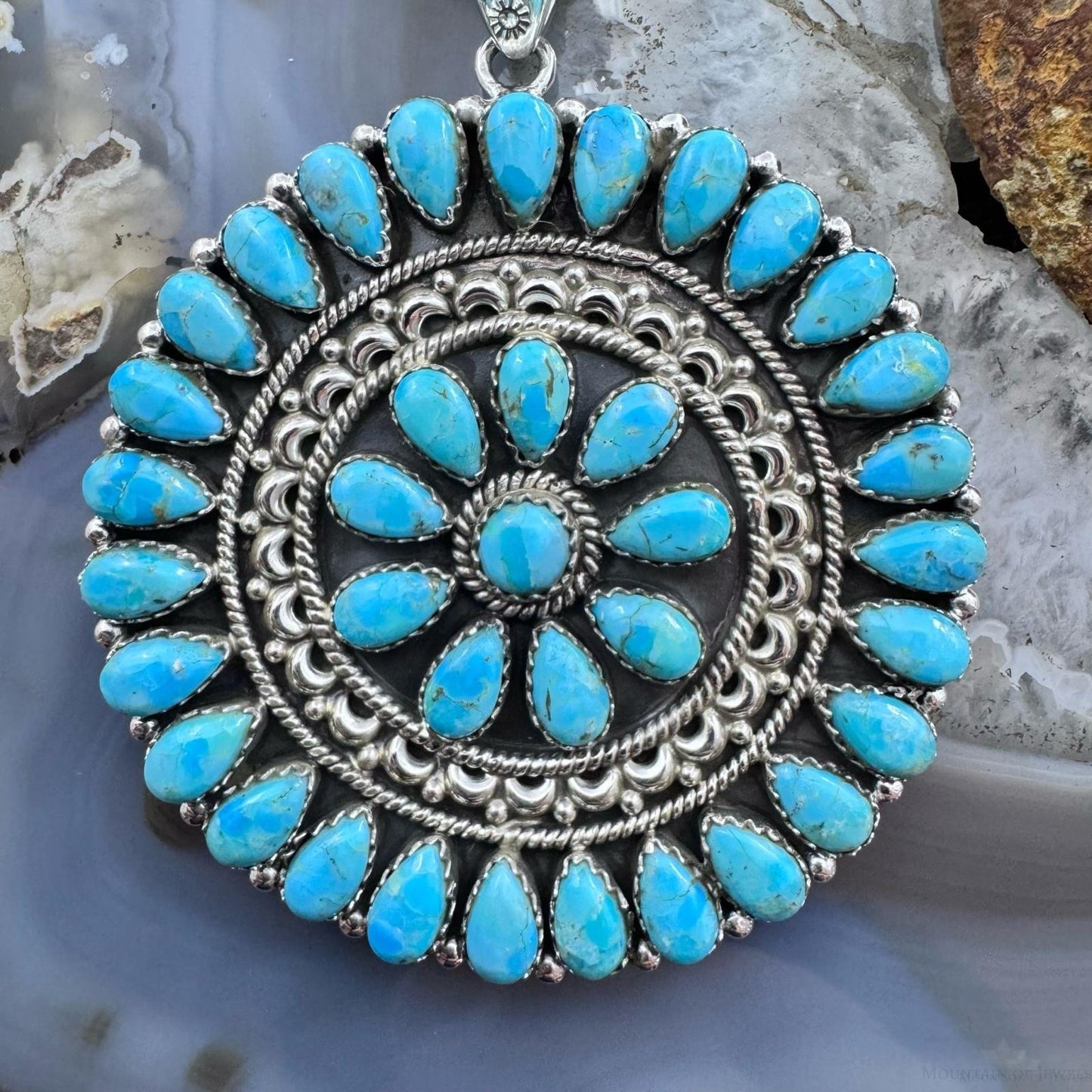 Sterling Silver Southwestern Style Turquoise Decorated Round Cluster Pendant For Women