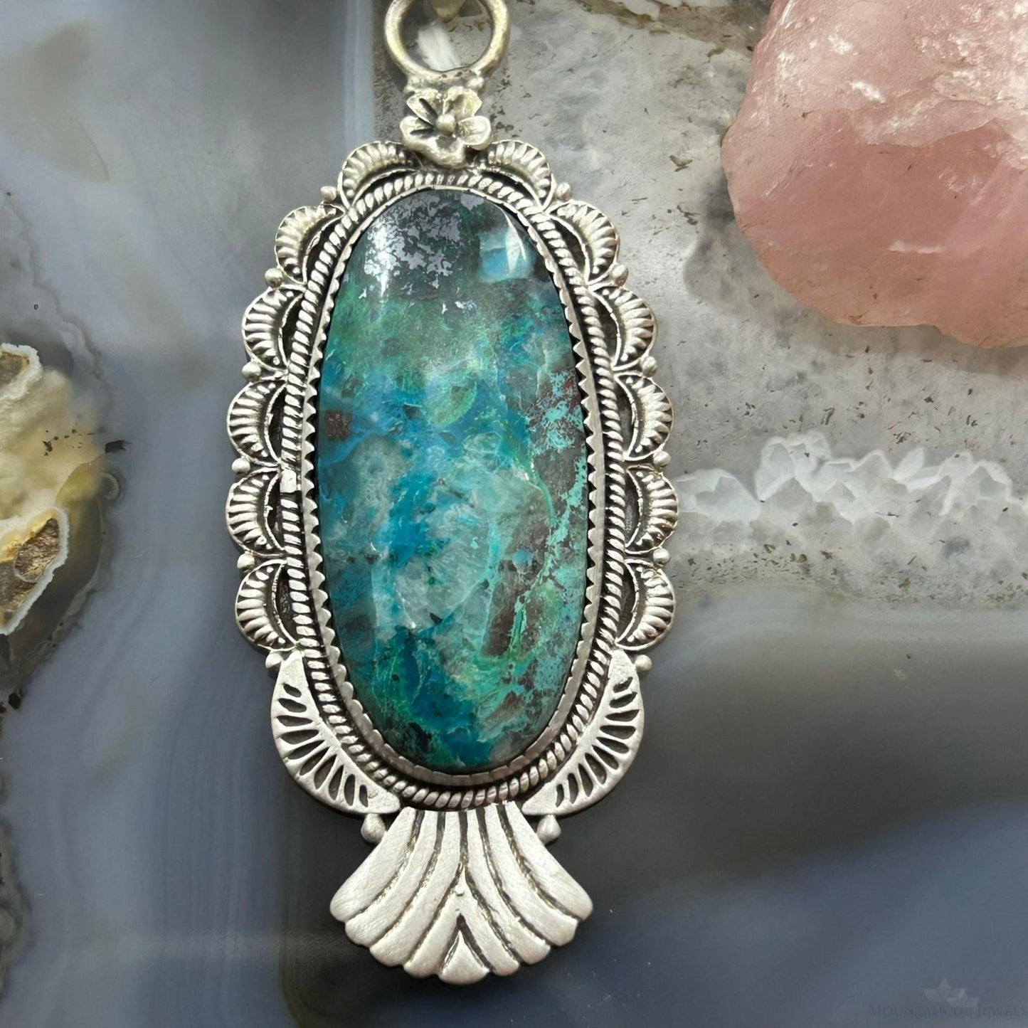Sterling Silver Southwestern Style Oval Shattuckite Decorated Pendant For Women