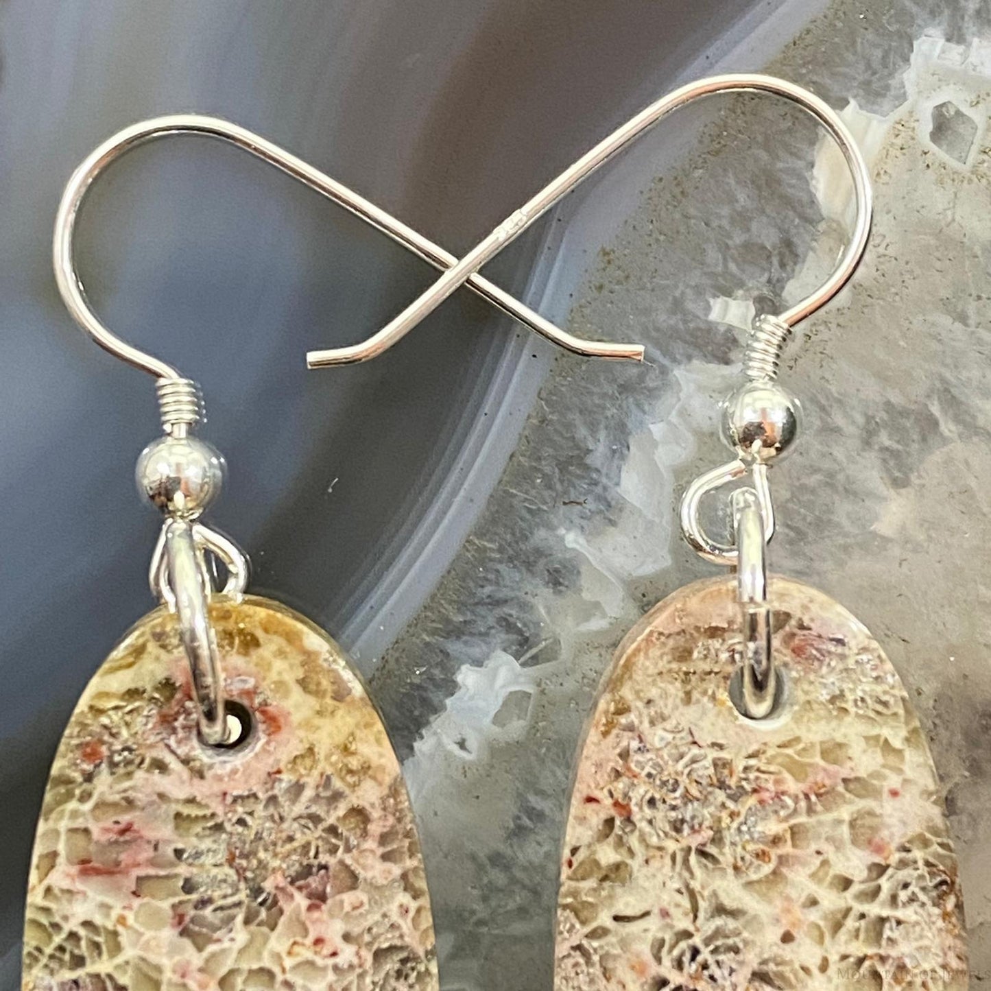 Sterling Silver Oval Fossilized Coral Slab Dangle Earrings For Women #055