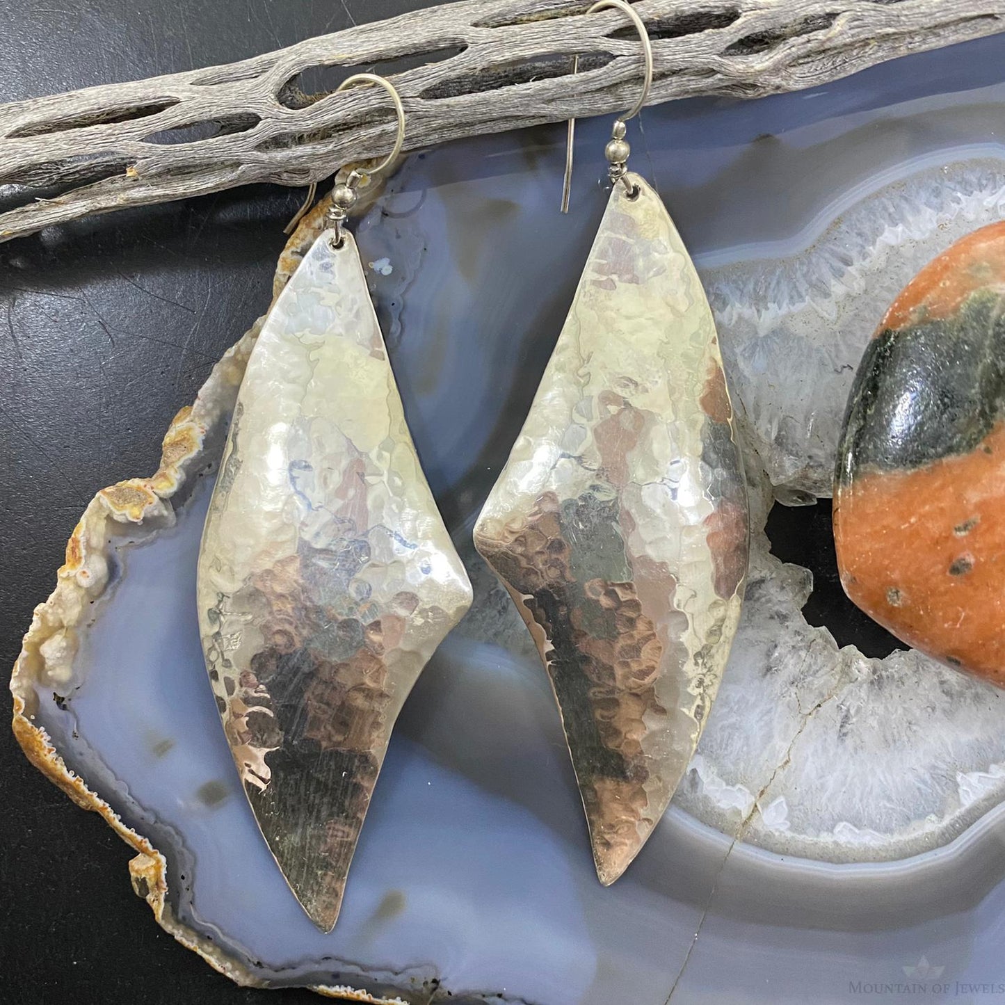Vintage Native American Sterling Silver Half Moon Hammered Dangle Earrings