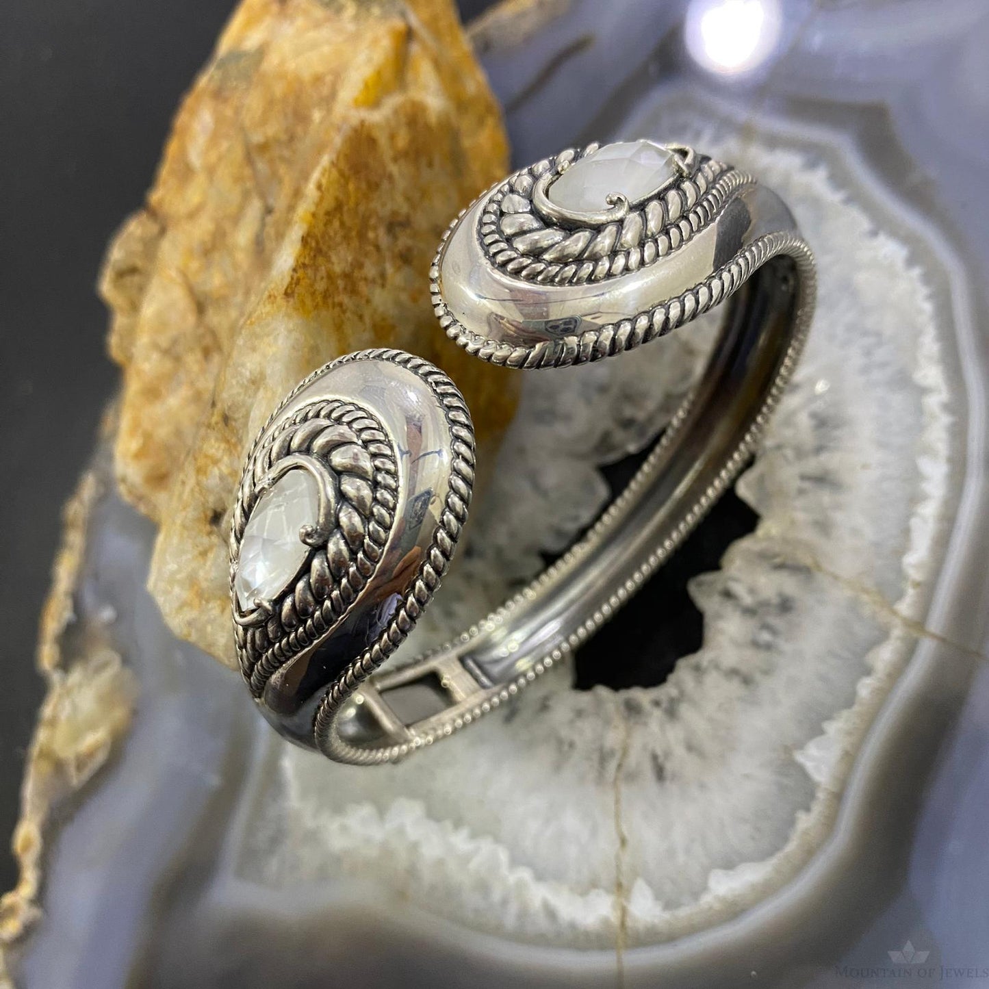 Carolyn Pollack Sterling Silver Mother of Pearl Doublet Decorated Hinged Bracelet