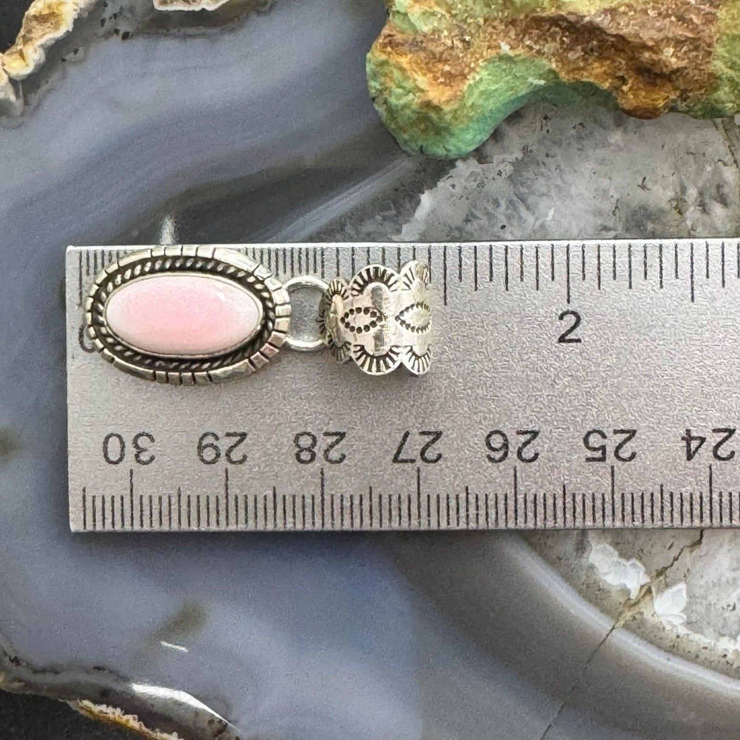 Native American Sterling Silver Oval Pink Conch Decorated Bail Pendant For Women