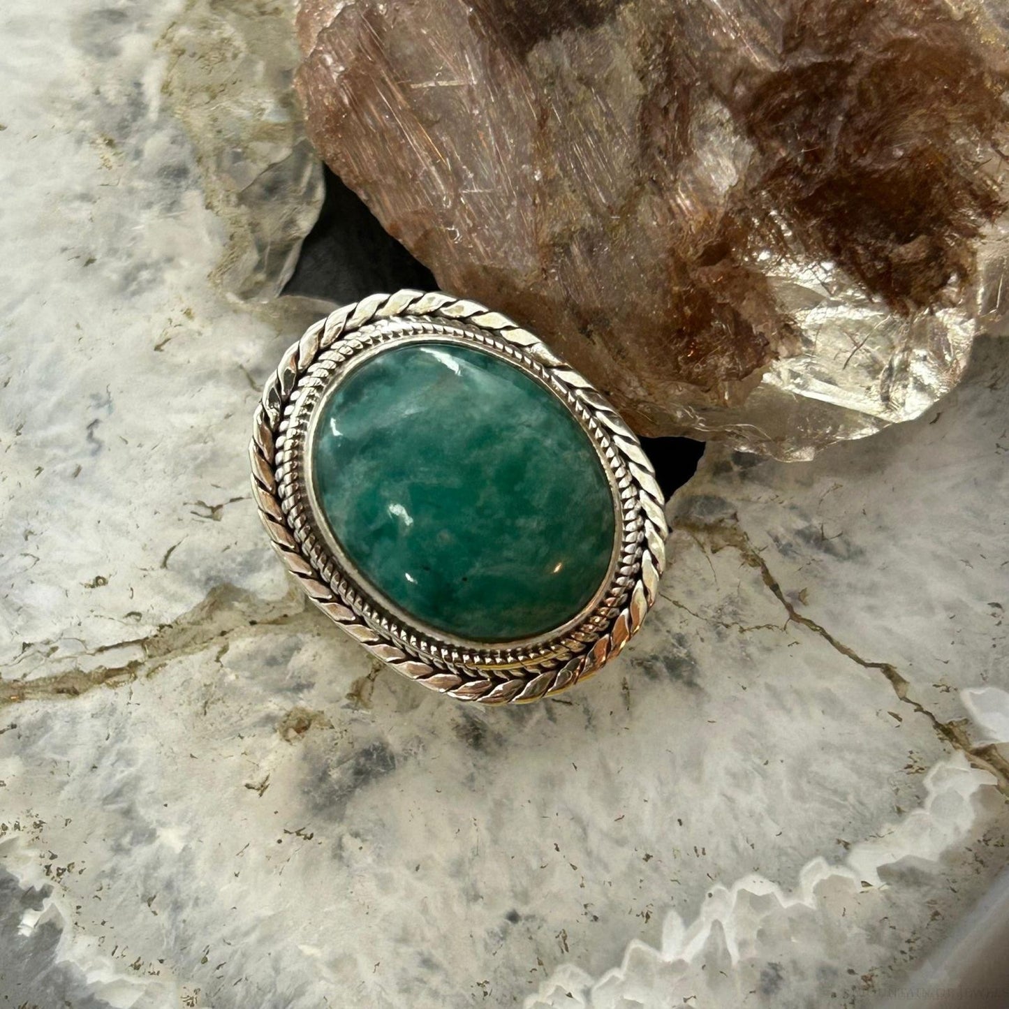 Sterling Silver Southwestern Style Oval Amazonite Decorated Ring Size 7 For Women