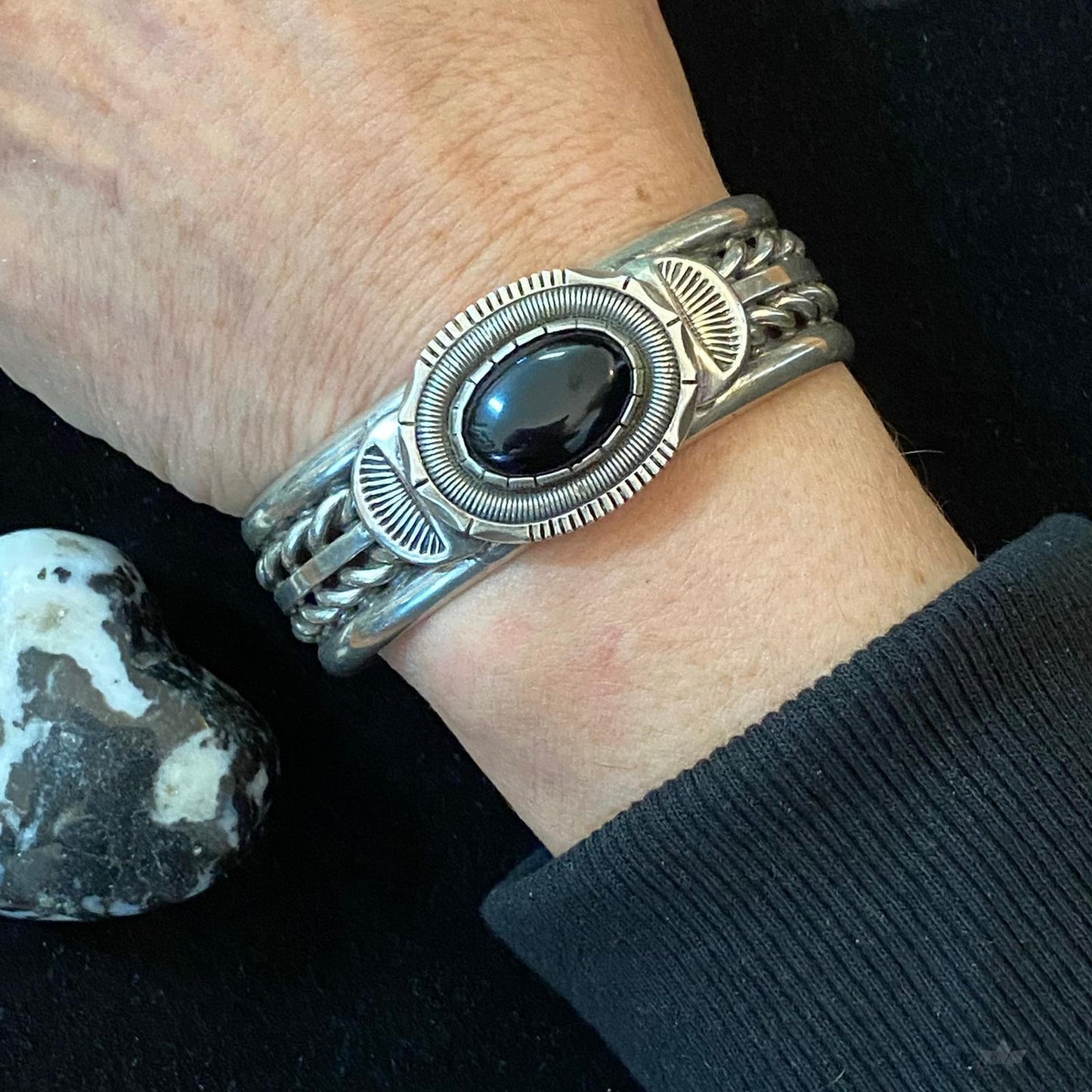 Wilbert Vandever Native American Sterling Silver Engraved Oval Onyx Bracelet