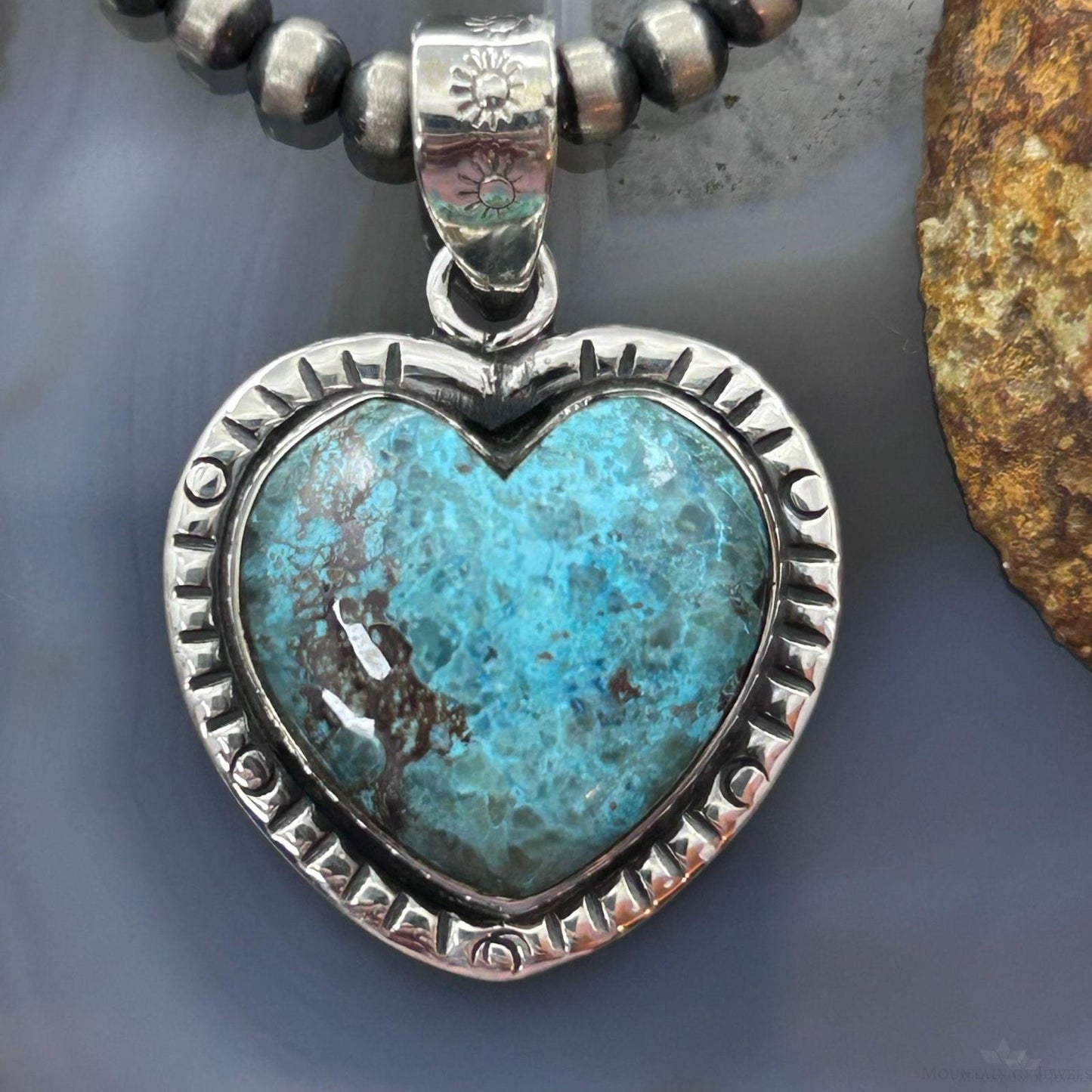 Sterling Silver Southwestern Style Chrysocolla Decorated Heart Pendant For Women