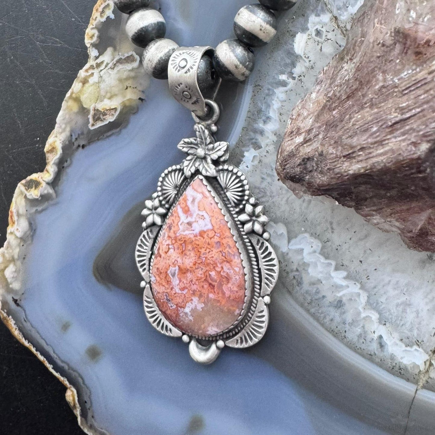 Sterling Silver Southwestern Style Teardrop Red Plum Decorated Pendant For Women