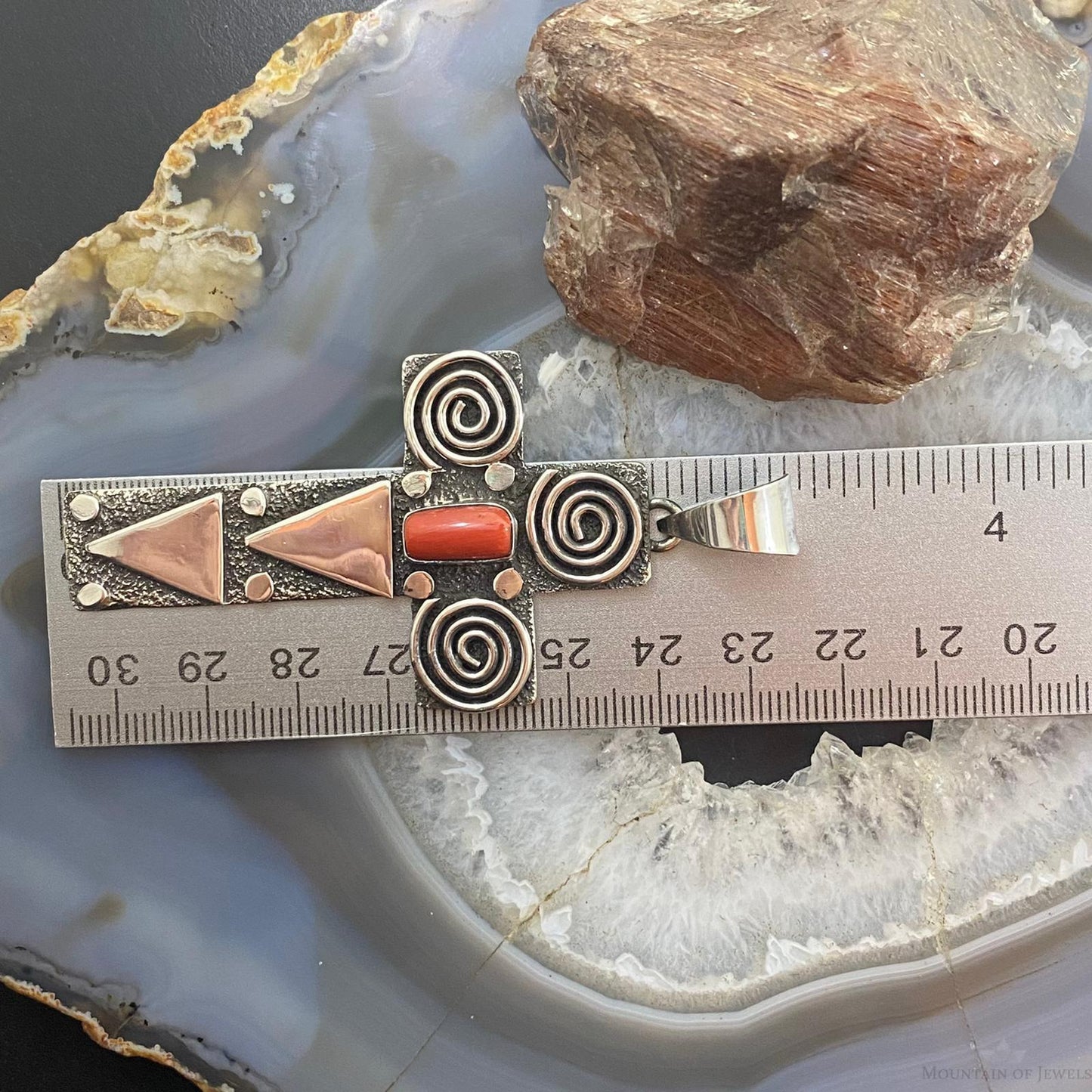Alex Sanchez Native American Sterling Coral Petroglyph Cross Uni Pendant #4