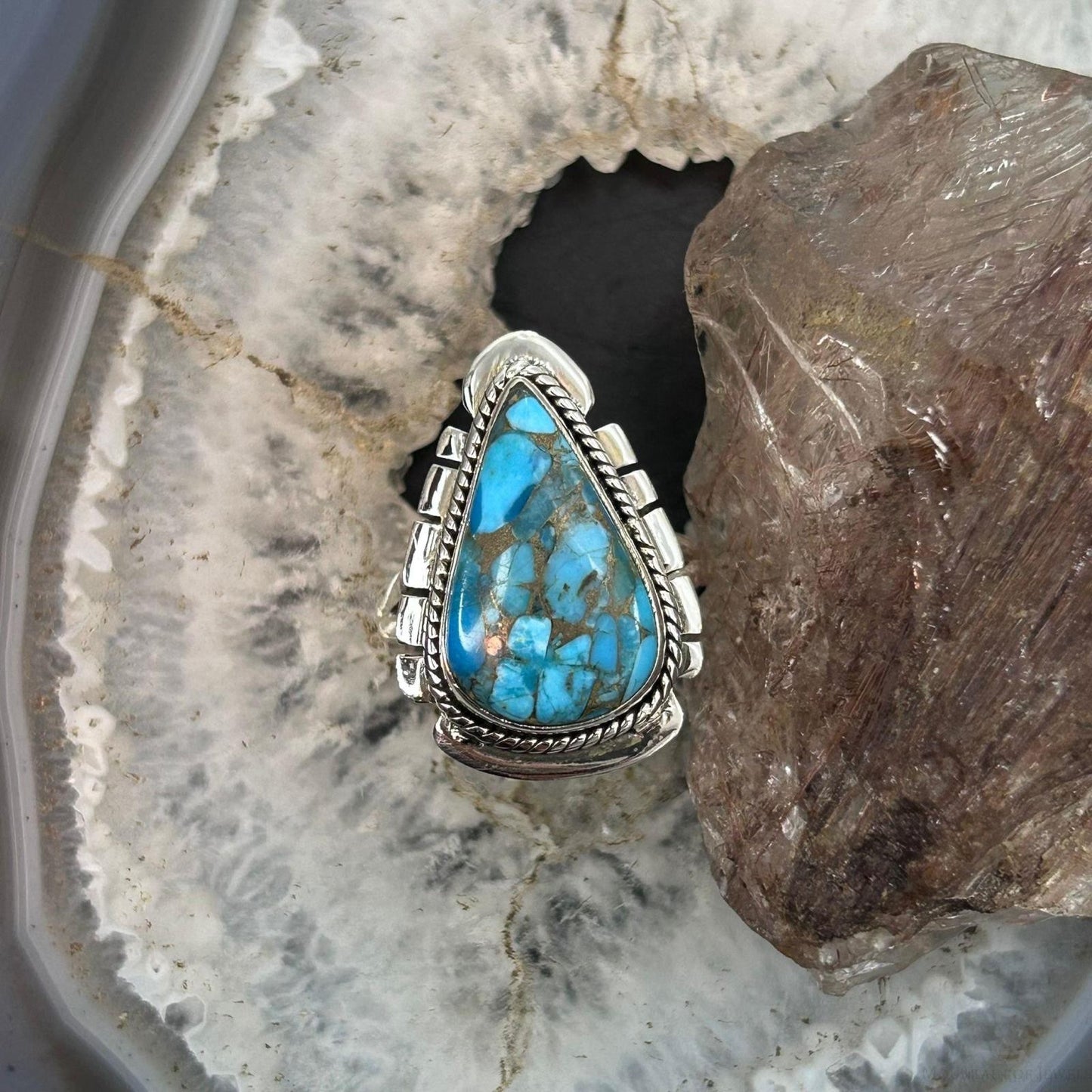 Sterling Southwestern Style Teardrop Blue Copper Turquoise Ring Size 8.5 For Women