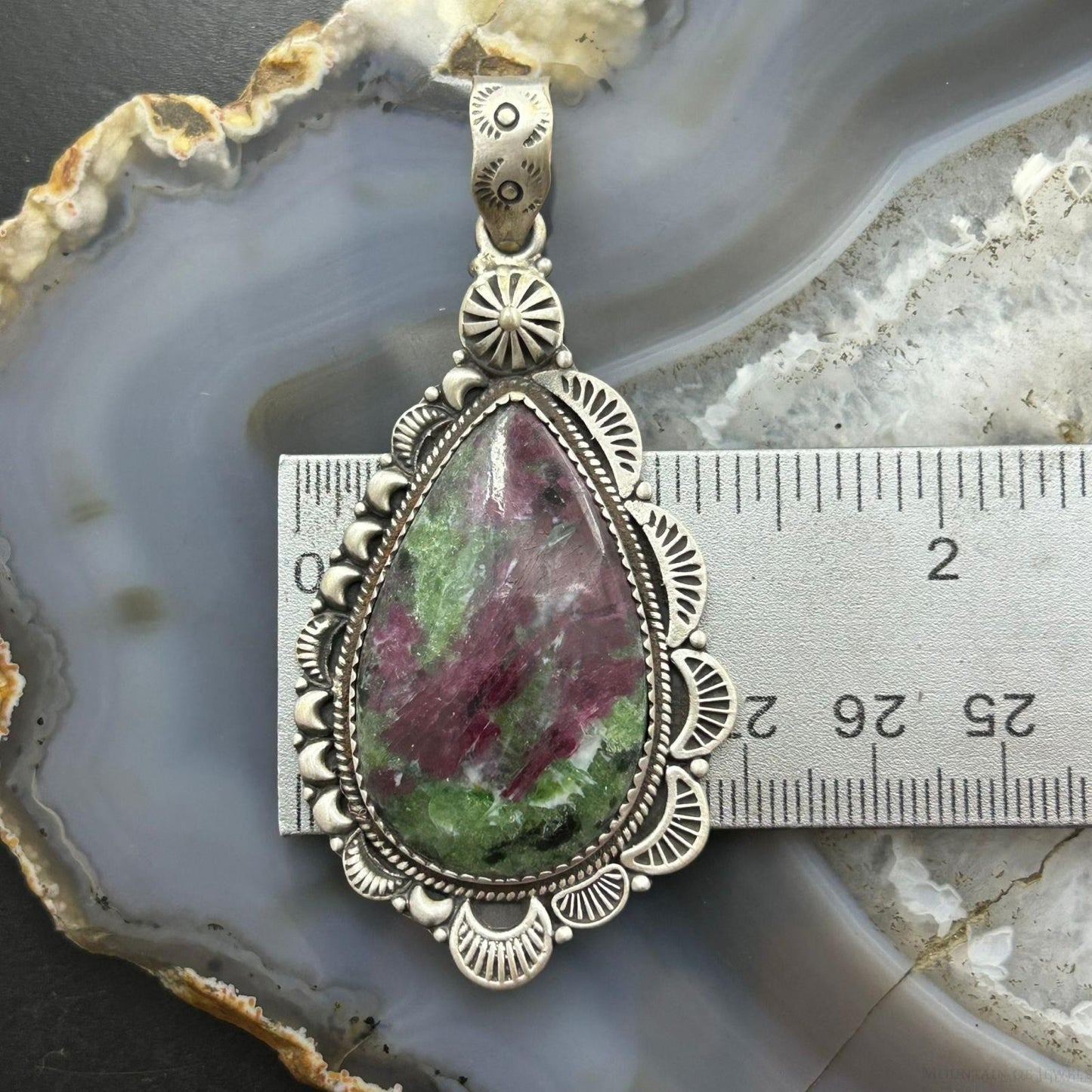 Sterling Silver Southwestern Style Teardrop Ruby Zoisite Decorated Pendant For Women