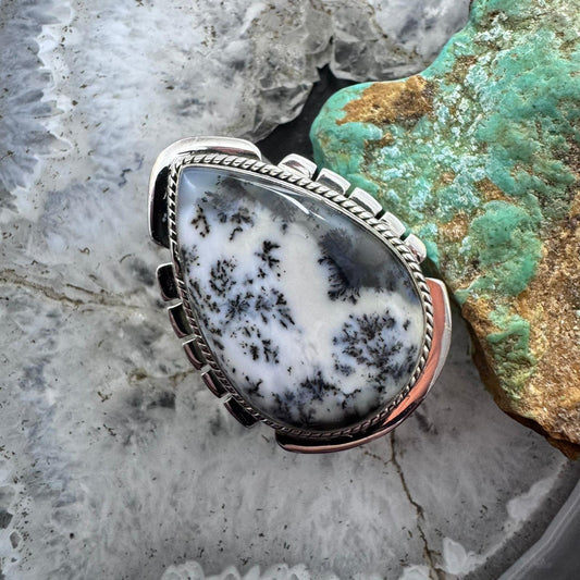 Sterling Silver Southwestern Style Large Teardrop Dendrite Agate Ring Size 8.25 For Women