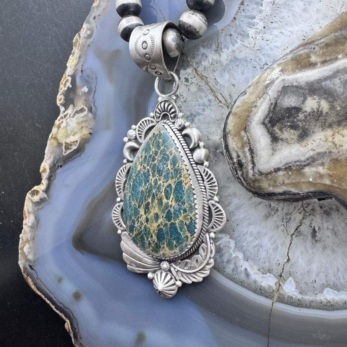 Sterling Silver Southwestern Style Teardrop Sediment Jasper Flower Decorated Pendant For Women