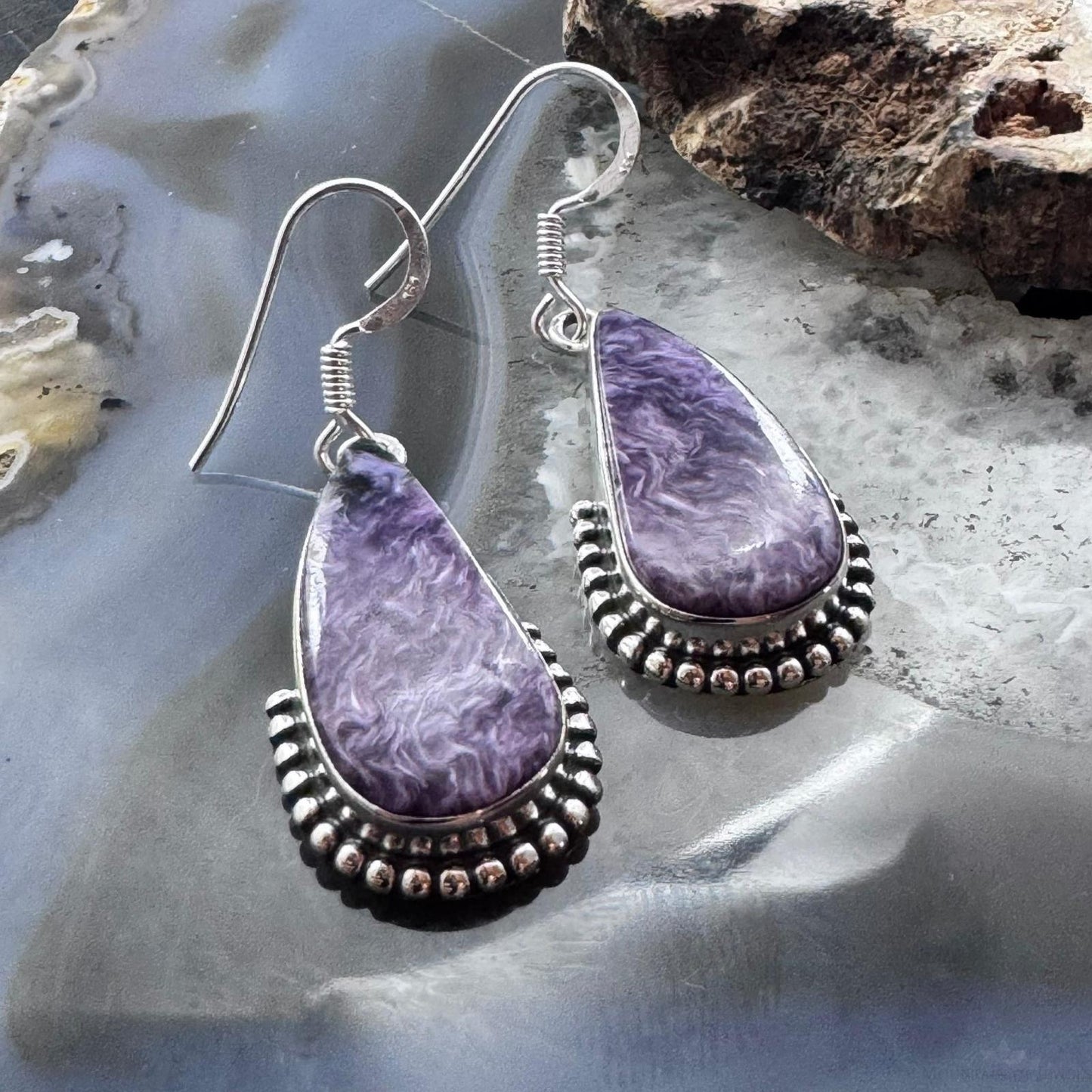 Sterling Silver Southwestern Style Teardrop Charoite Decorated Dangle Earrings For Women