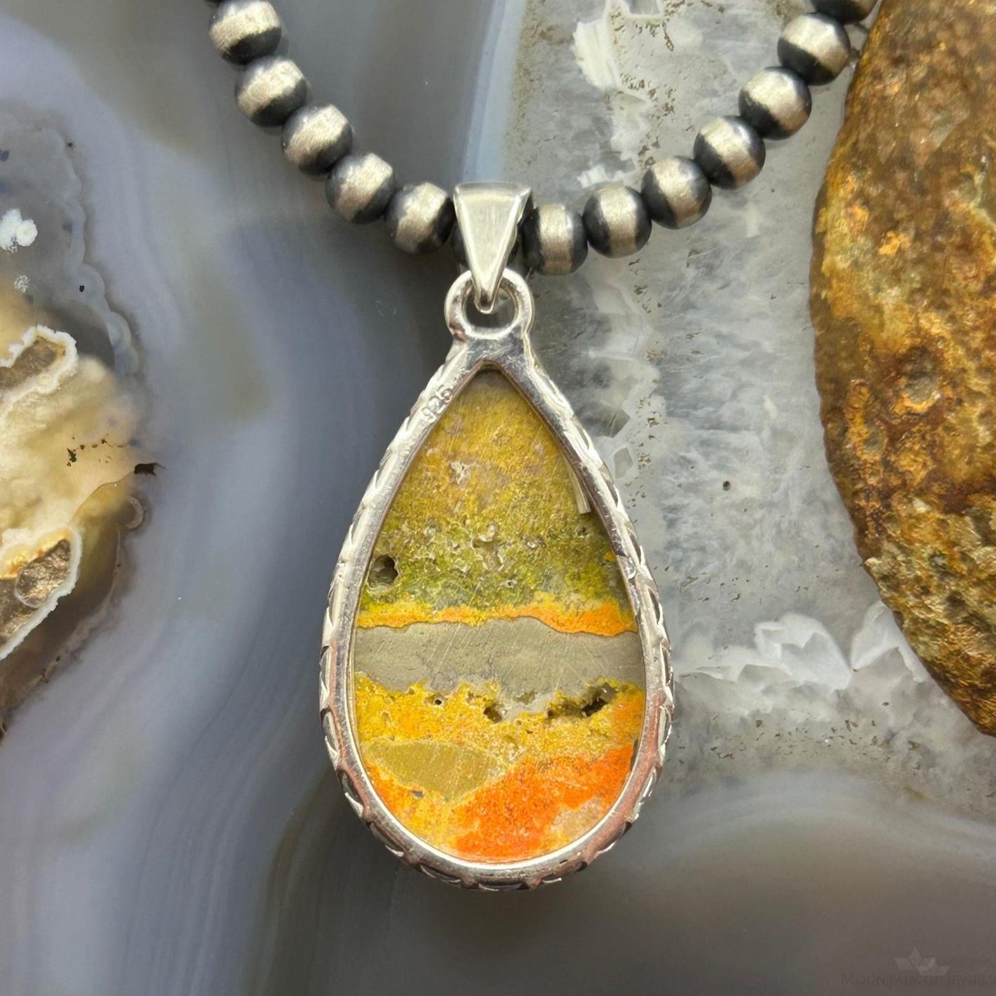 Sterling Southwestern Style Wide Teardrop Bumblebee Jasper Decorated Pendant