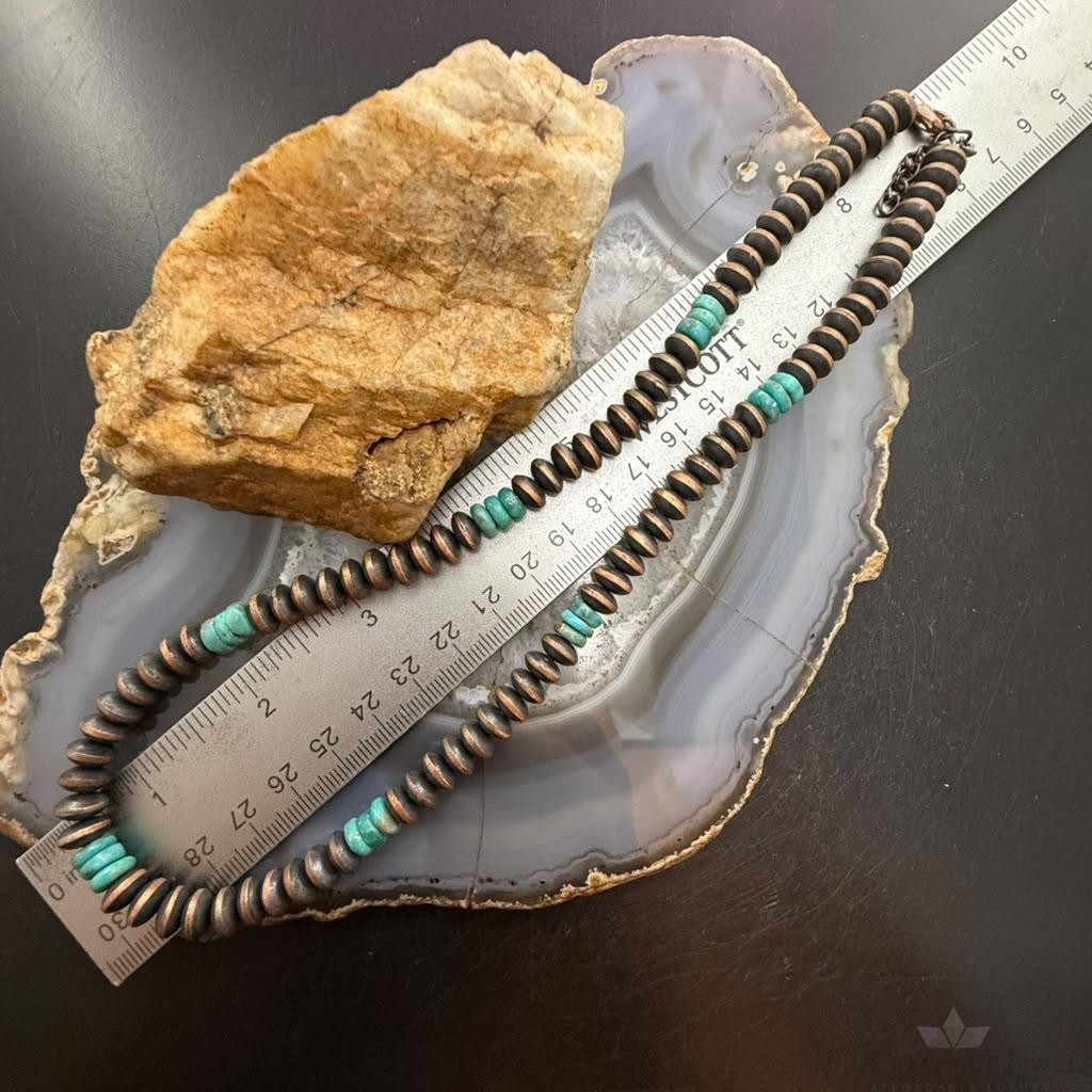 Southwestern Style 8mm Copper Navajo Pearl Saucer & Turquoise 18"-20" Necklace