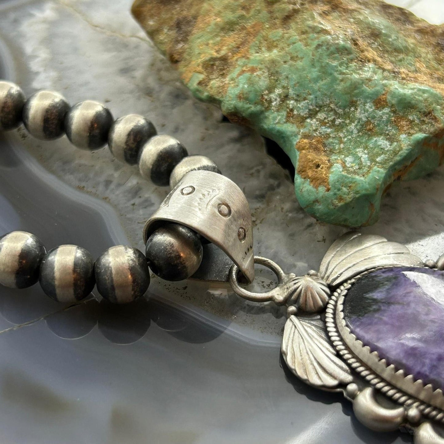 Sterling Silver Southwestern Style Oval Charoite Decorated Pendant For Women