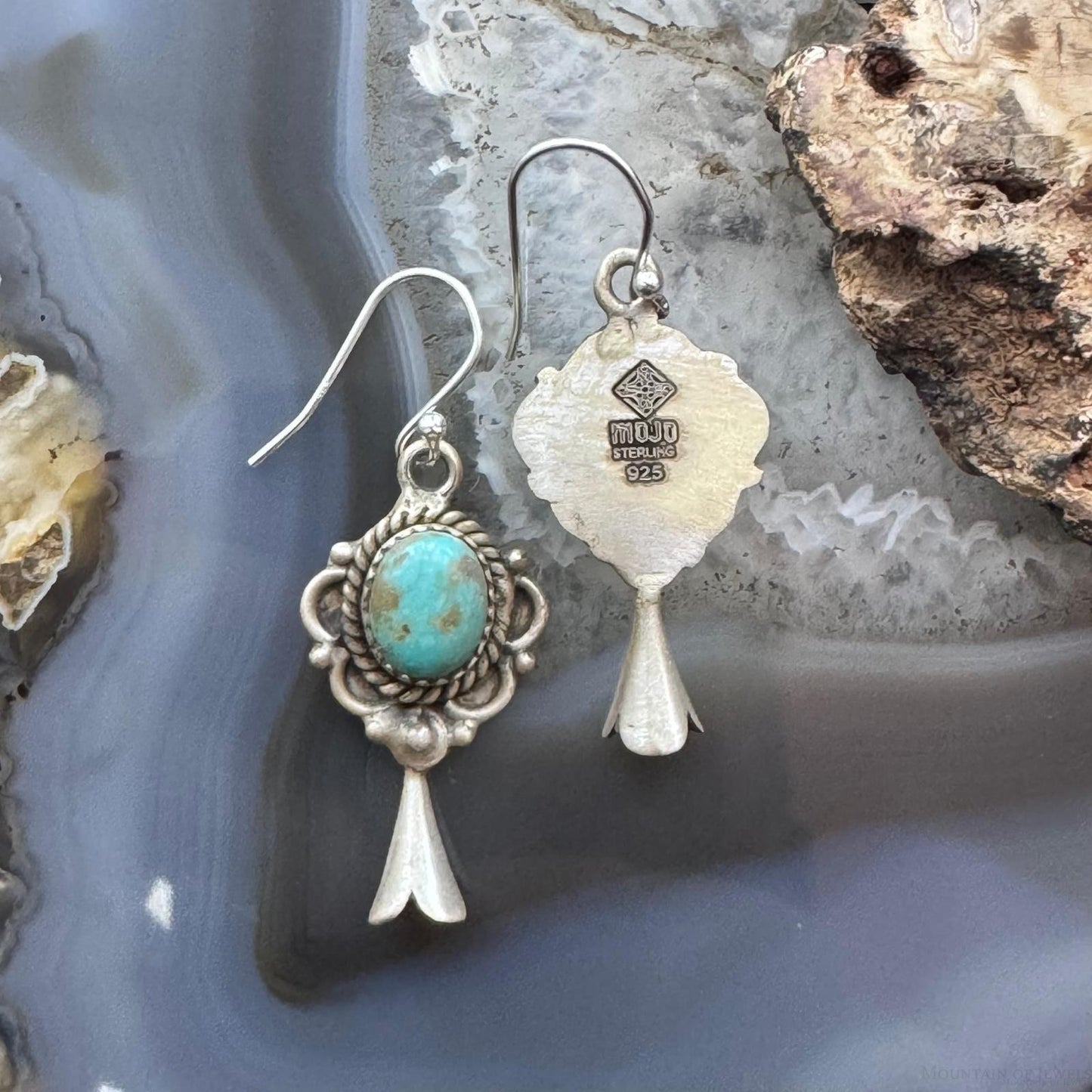 Sterling Silver Southwestern Style Turquoise Squash Blossom Decorated Dangle Earrings For Women