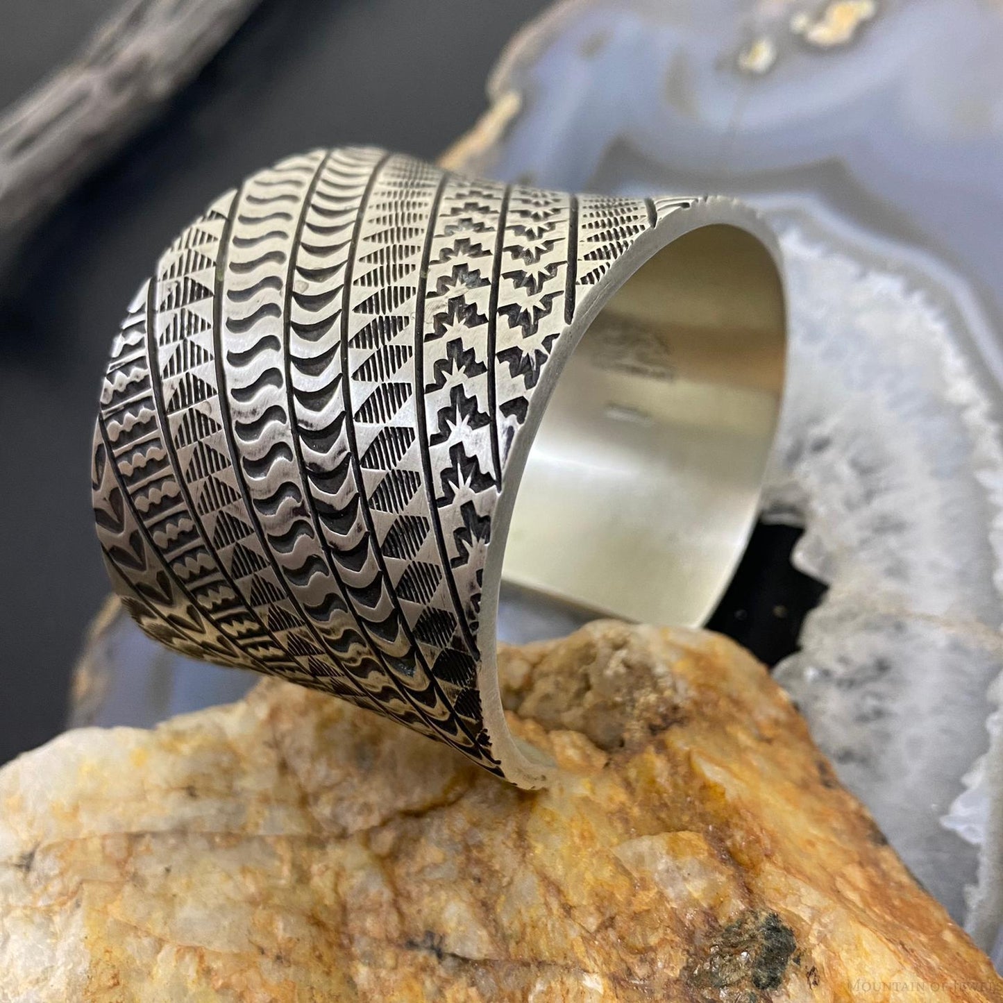J J Otero Native American Sterling Silver Stamped Wide Heavy Gauge Bracelet