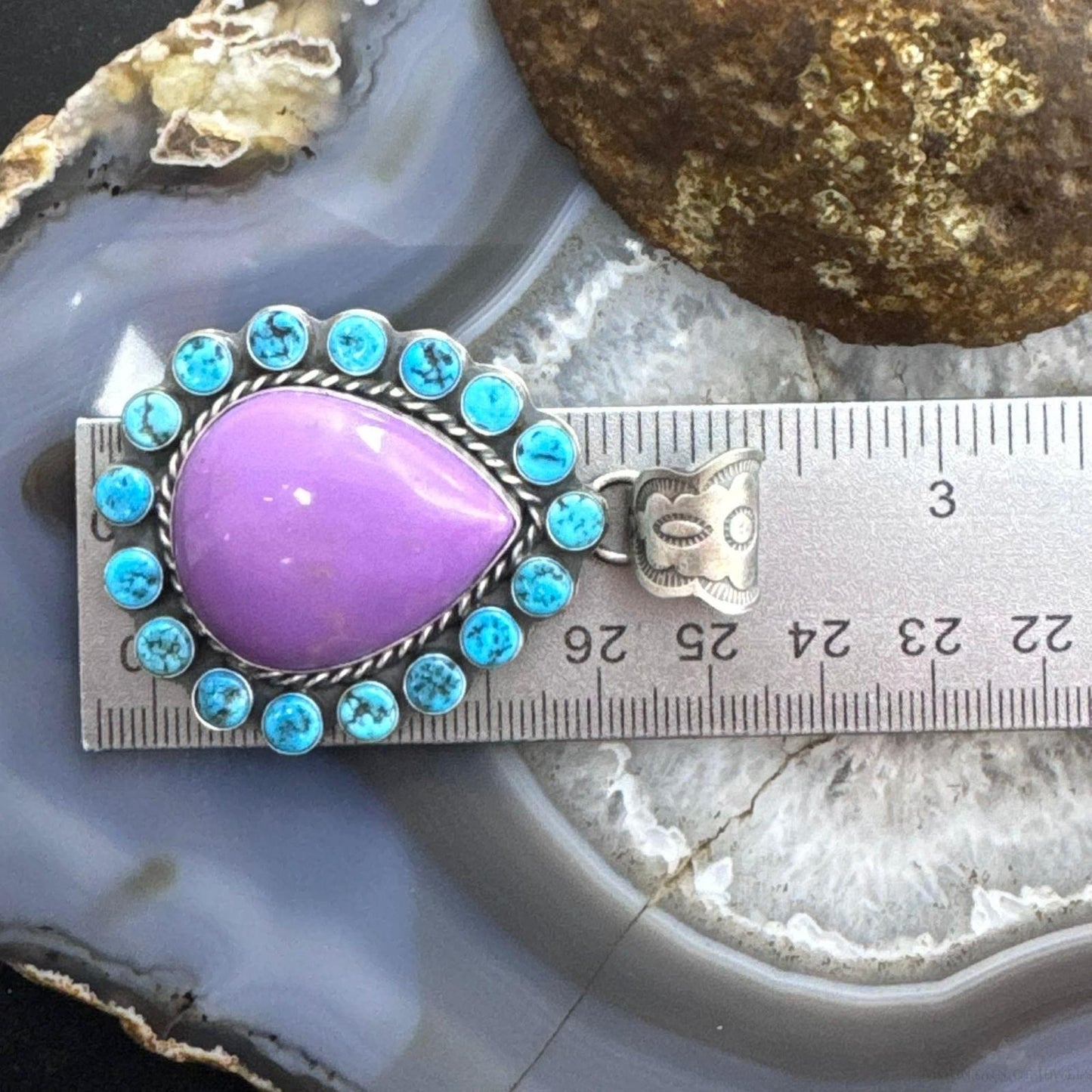Native American Sterling Silver Purple Phosphosiderite & Turquoise Pendant For Women