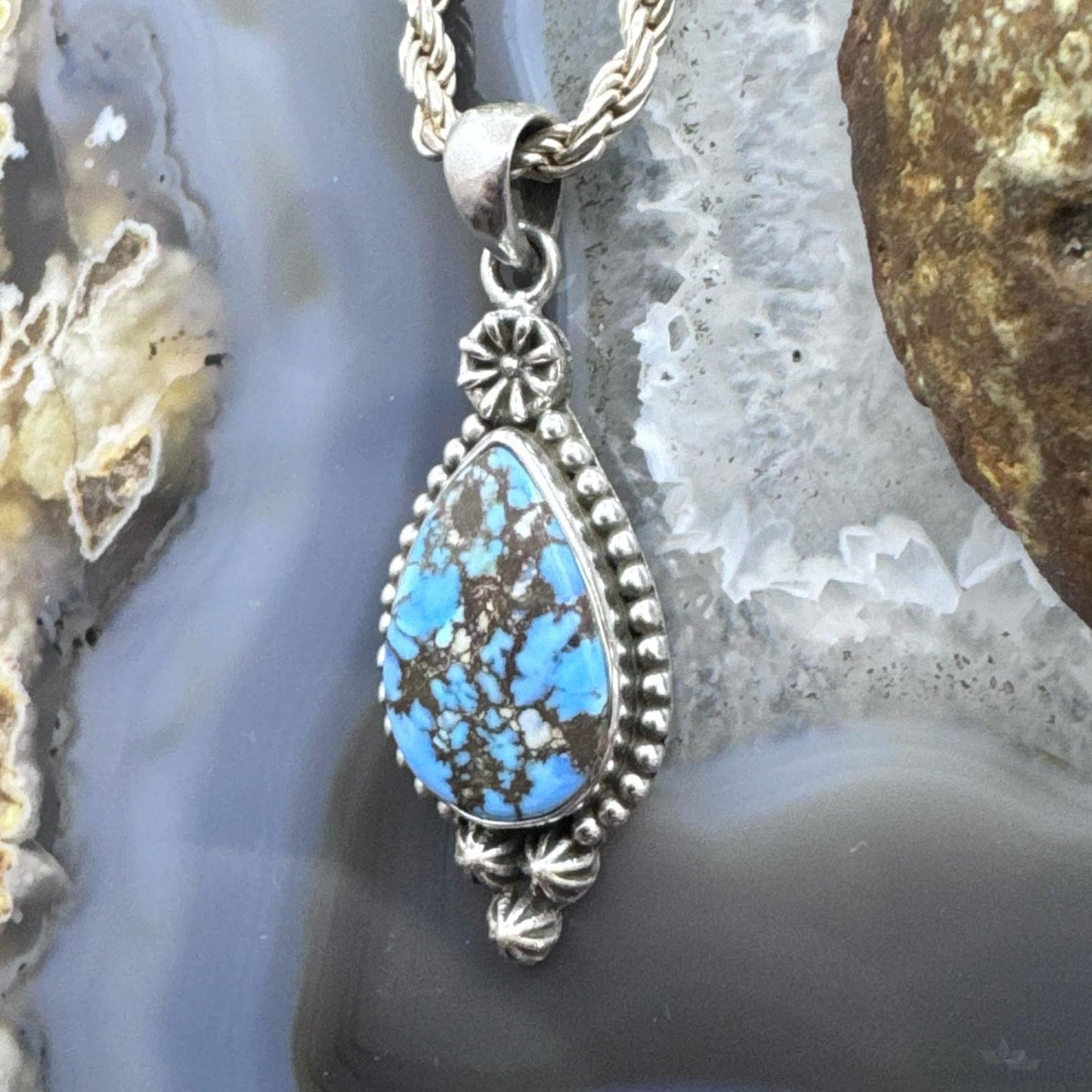 Sterling Silver Southwestern Style Teardrop Golden Hill Turquoise Decorated Pendant For Women
