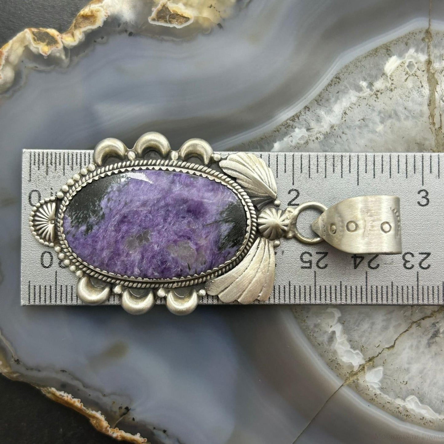 Sterling Silver Southwestern Style Oval Charoite Decorated Pendant For Women