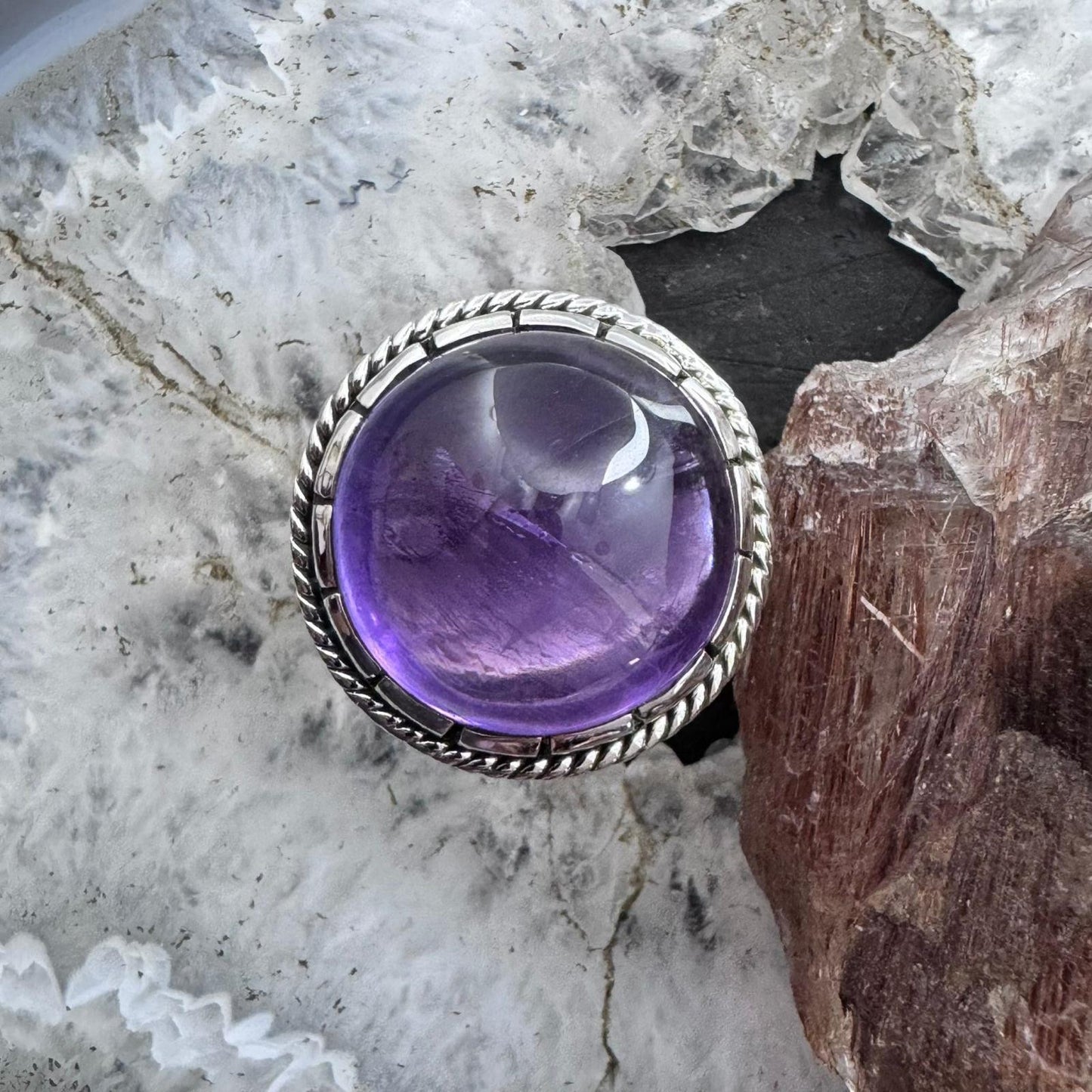 Sterling Silver Southwestern Style Round Amethyst Decorated Ring Size 8.75 For Women