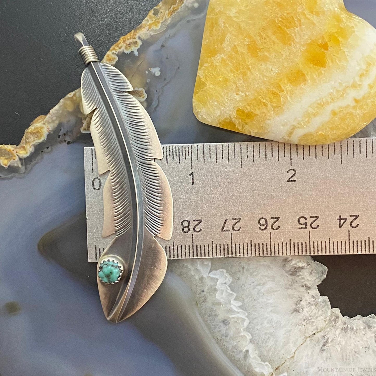 Billy Long Sterling Silver Oxidized Feather w/Turquoise Unisex Pendant Necklace
