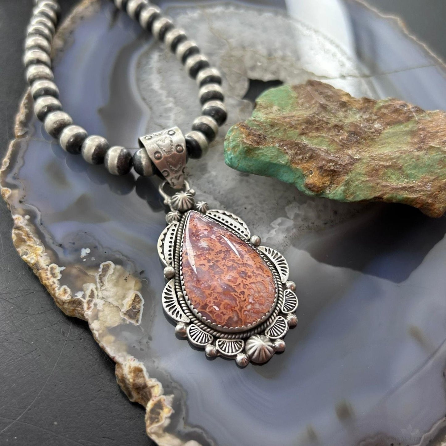 Sterling Silver Southwestern Style Teardrop Red Plum Jasper Decorated Pendant For Women