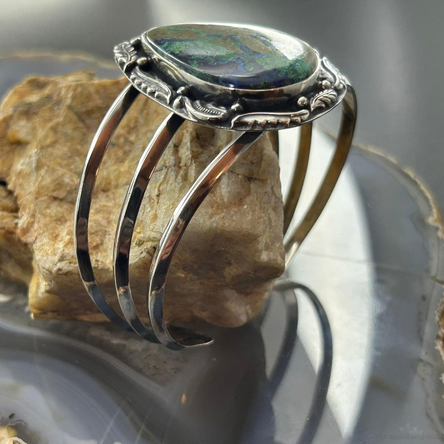 Sterling Silver Southwestern Style Large Teardrop Azurite Malachite Bracelet For Women