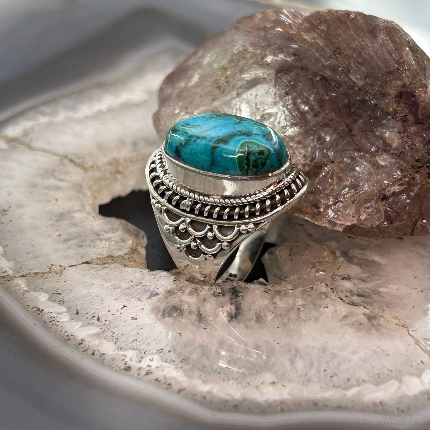 Sterling Silver Southwestern Style Oval Malachite Chrysocolla Ring Size 7.5 For Women