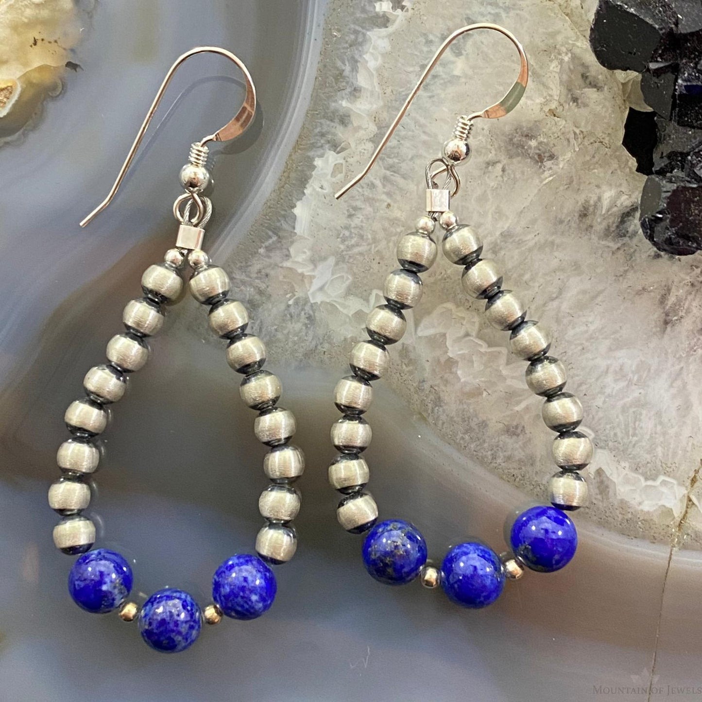 Navajo Pearl Bead & Lapis Bead Dangle Hoop Earrings For Women