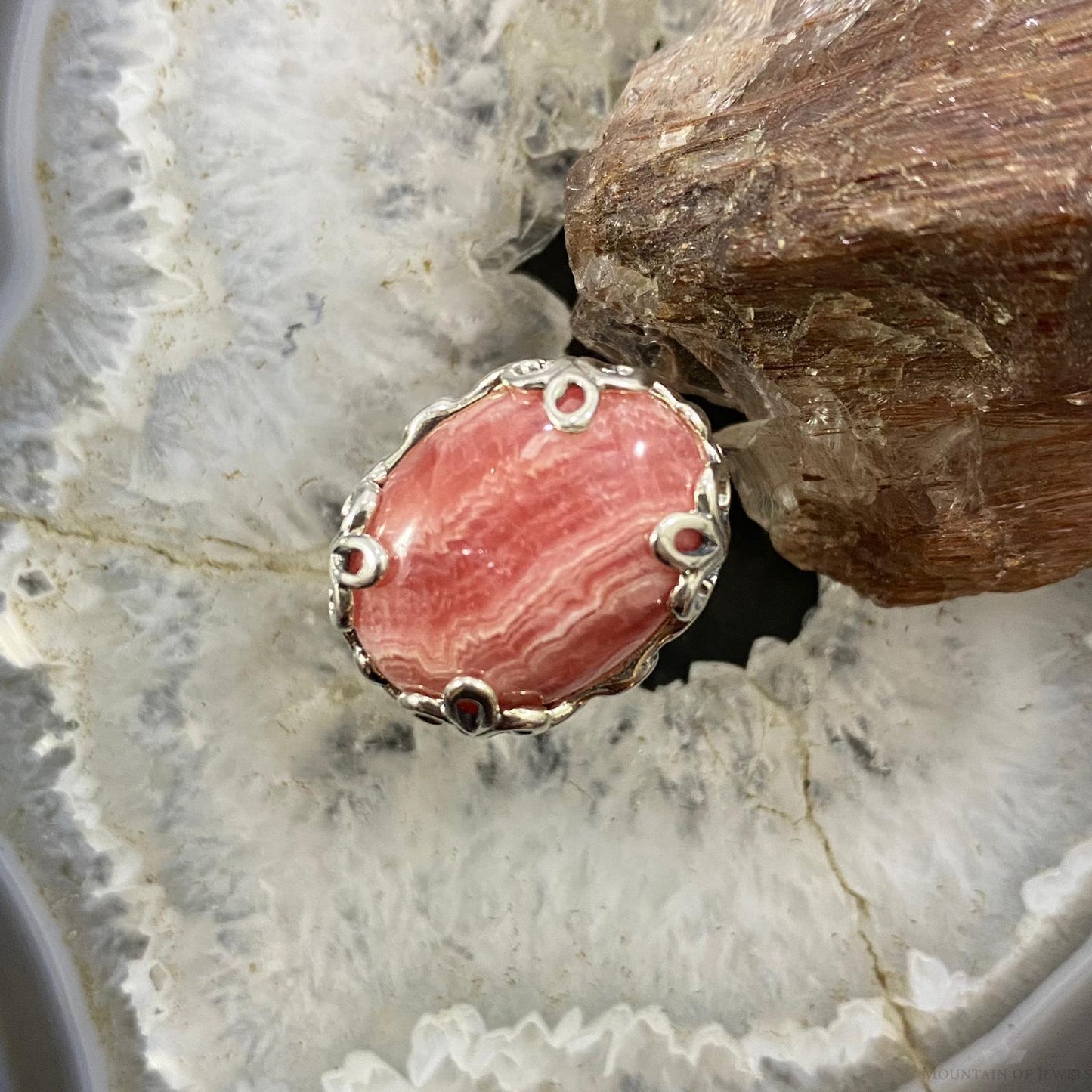 Carolyn Pollack Southwestern Style Sterling Silver Oval Rhodonite Decorated Ring For Women
