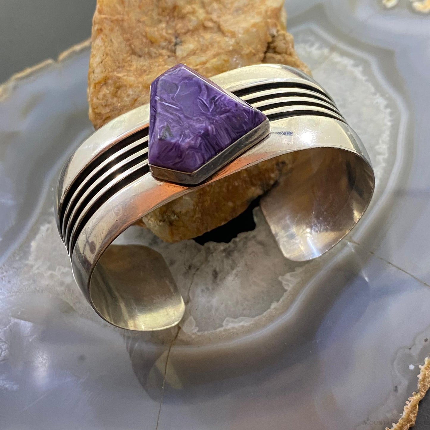 Signed Native American Sterling Linear Overlay Charoite Bracelet For Women