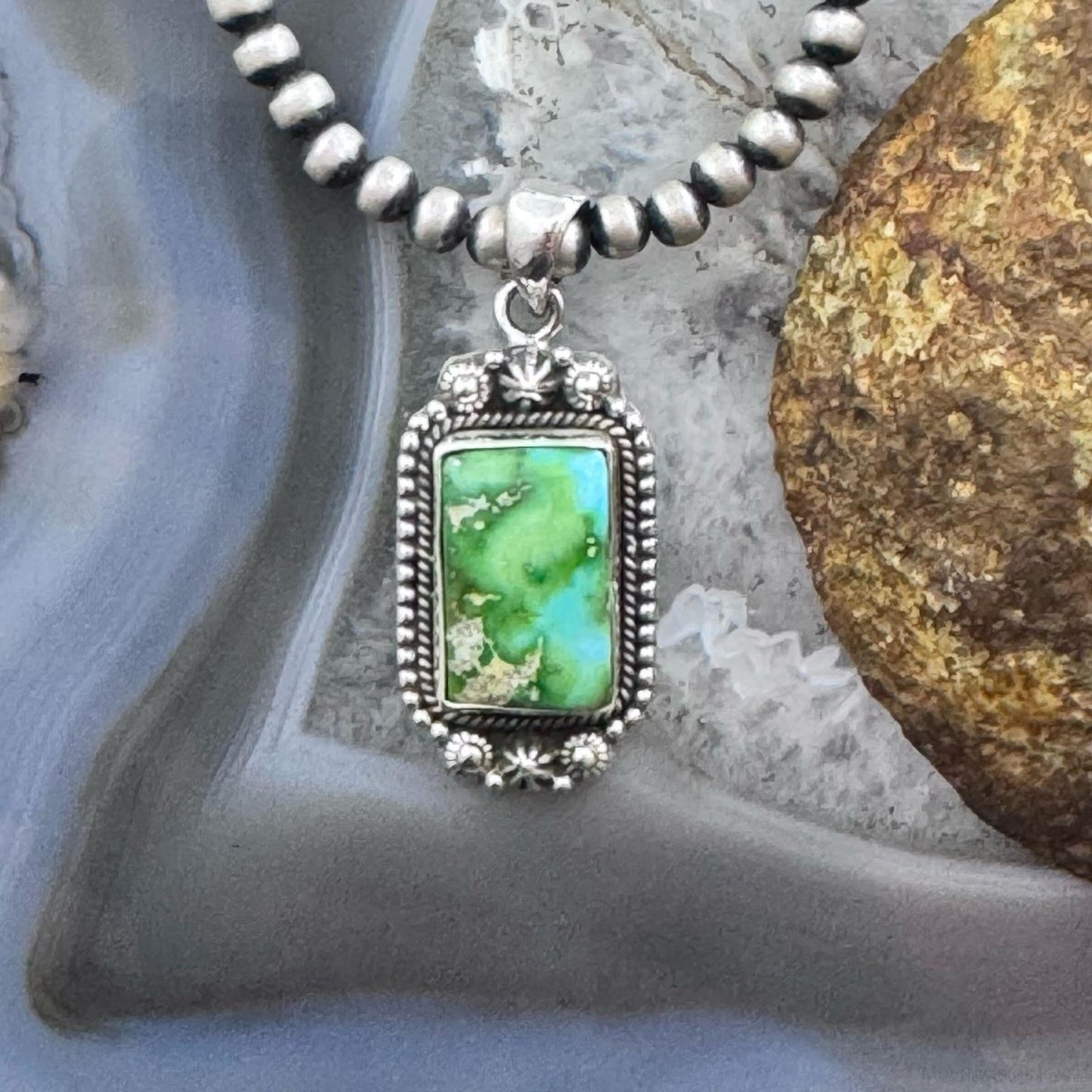 Sterling Silver Southwestern Style Rectangle Sonora Gold Turquoise Pendant For Women