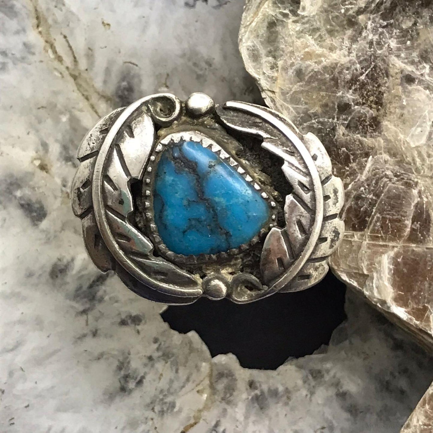 Vintage Native American Silver Natural Turquoise Floral Ring Size 6.5 For Women