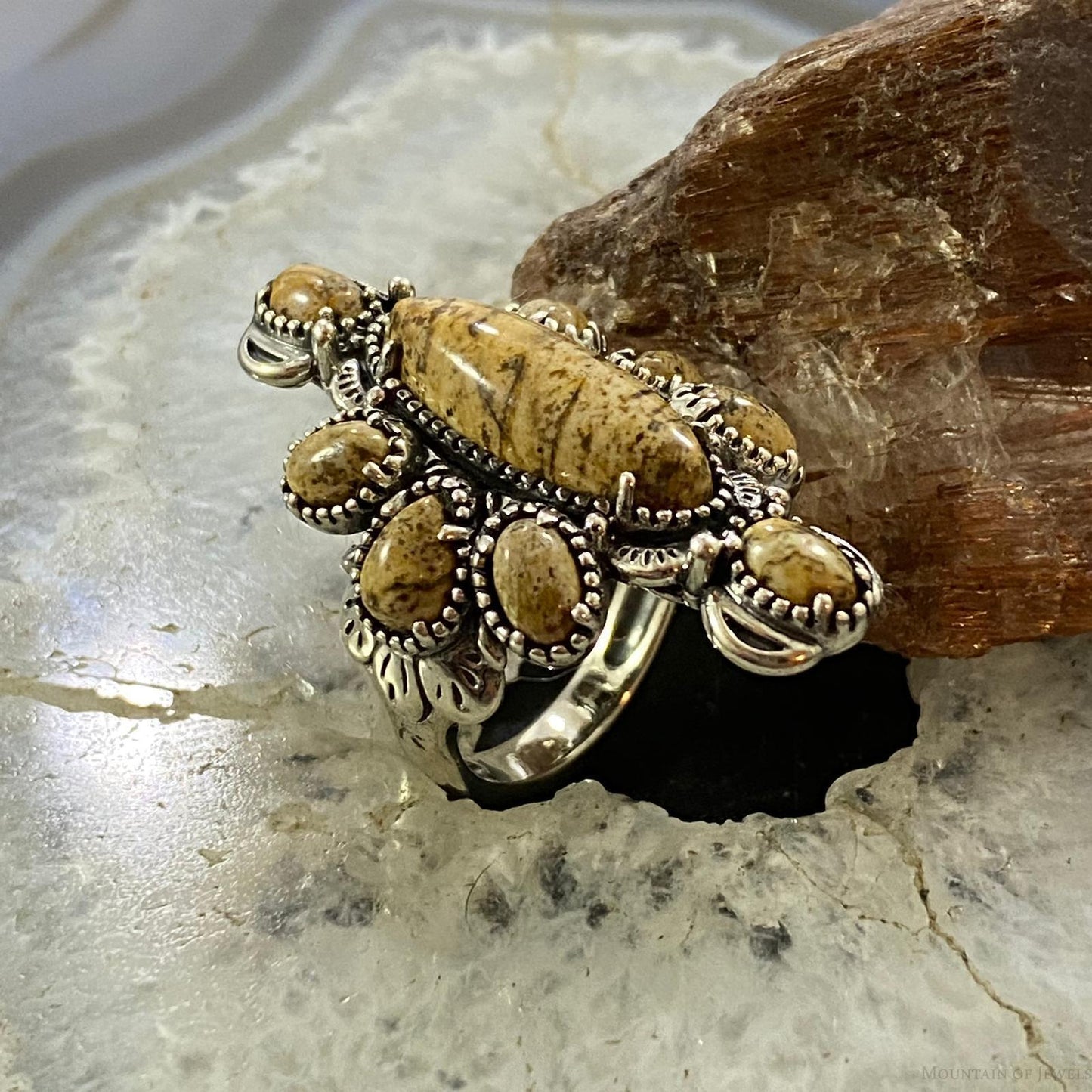 Carolyn Pollack Southwestern Style Sterling Silver Picture Jasper Decorated Cluster Ring 5.5 & 6.5 For Women