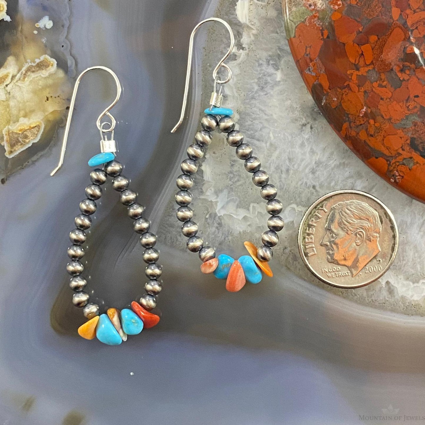 Navajo Pearl, Coral & Turquoise Beads 3mm Sterling Teardrop Dangle Earrings