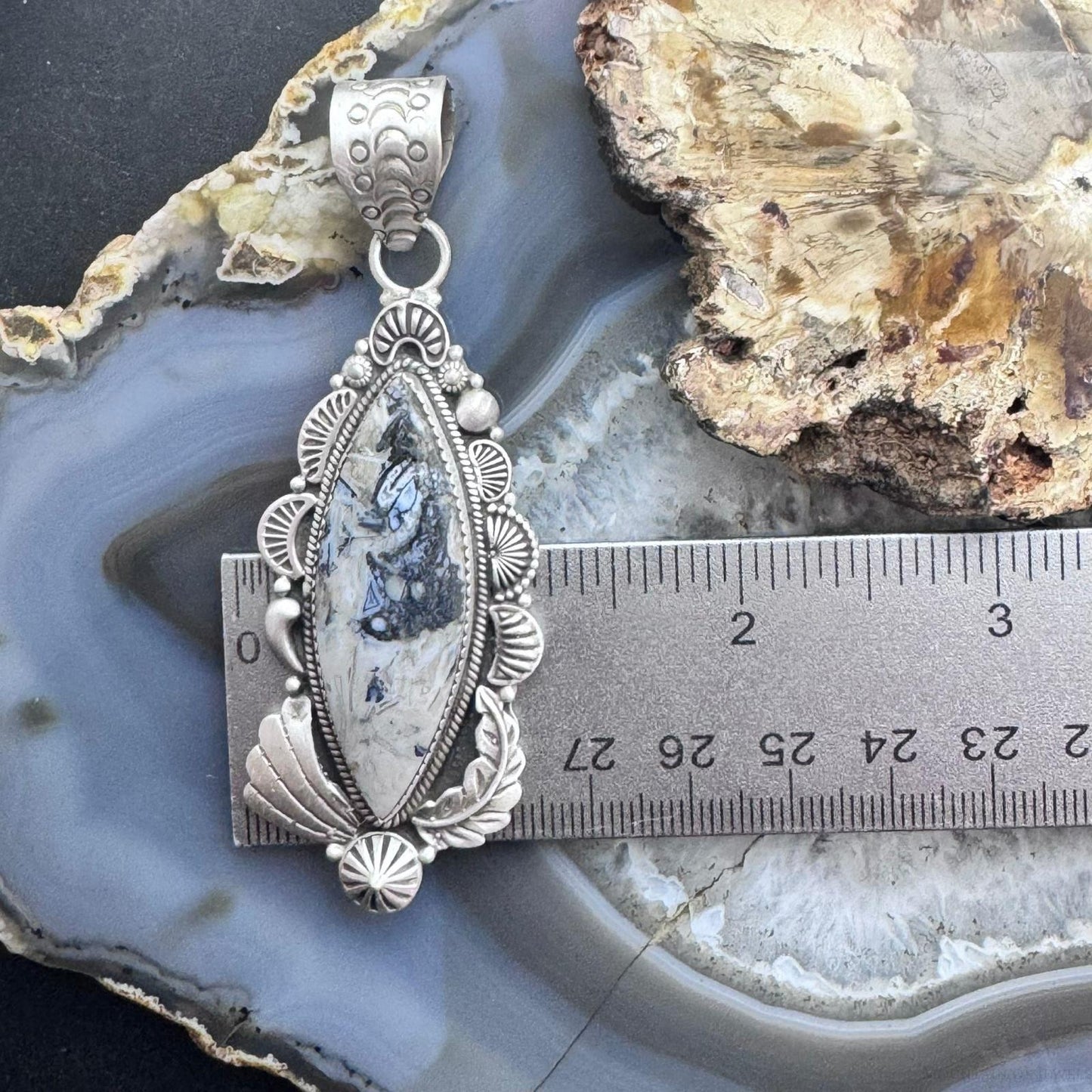 Sterling Silver Southwestern Style Elongated Marquise Dendritic Agate Decorated Pendant For Women