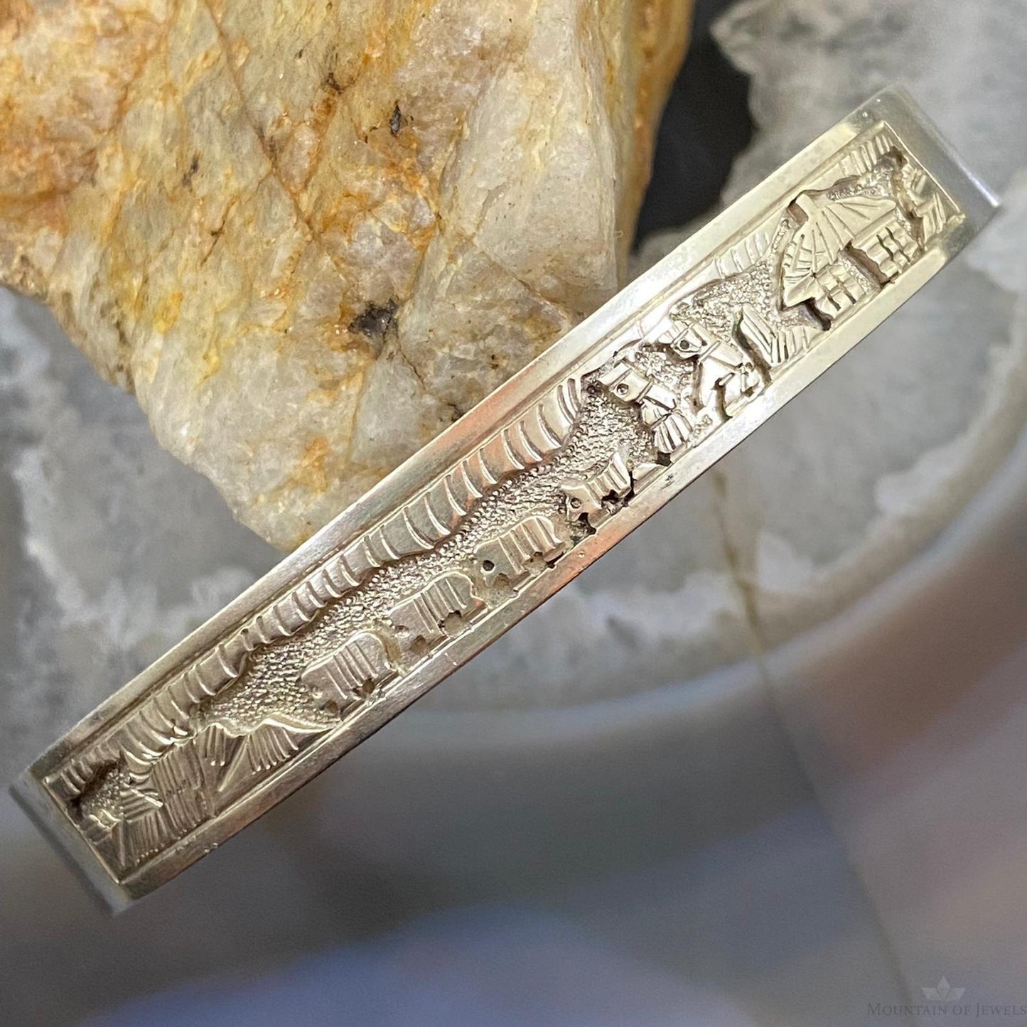 Signed Vintage Native American Sterling Silver Pueblo Life Storyteller Bracelet