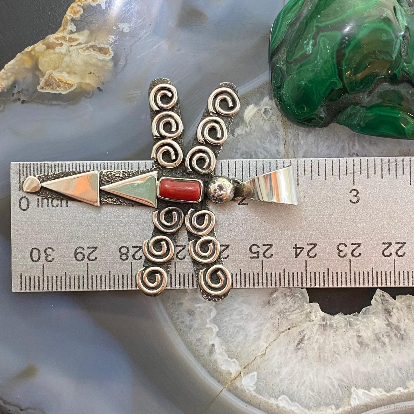 Alex Sanchez Sterling Silver Petroglyph & Coral Dragonfly Unisex Pendant #2