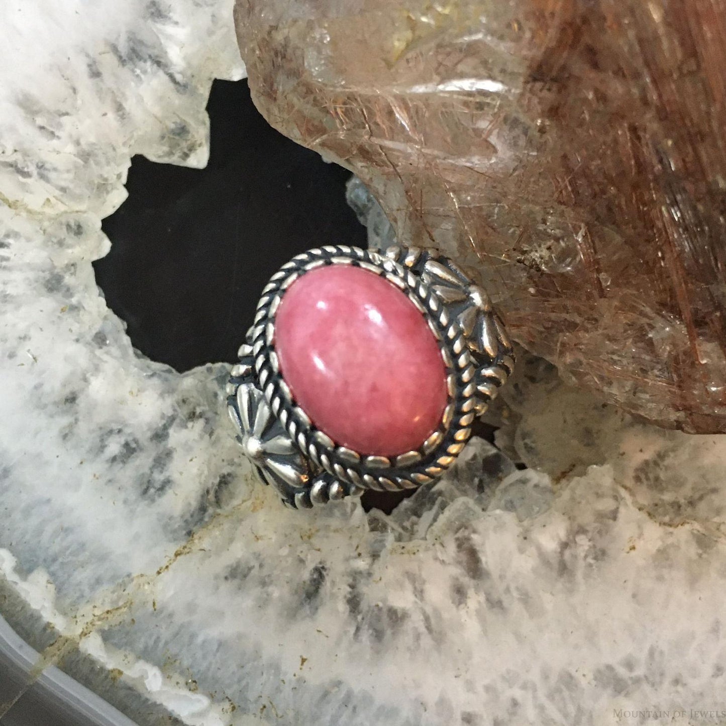 Carolyn Pollack Vintage Southwestern Style Sterling Silver Oval Rhodonite Decorated Ring For Women